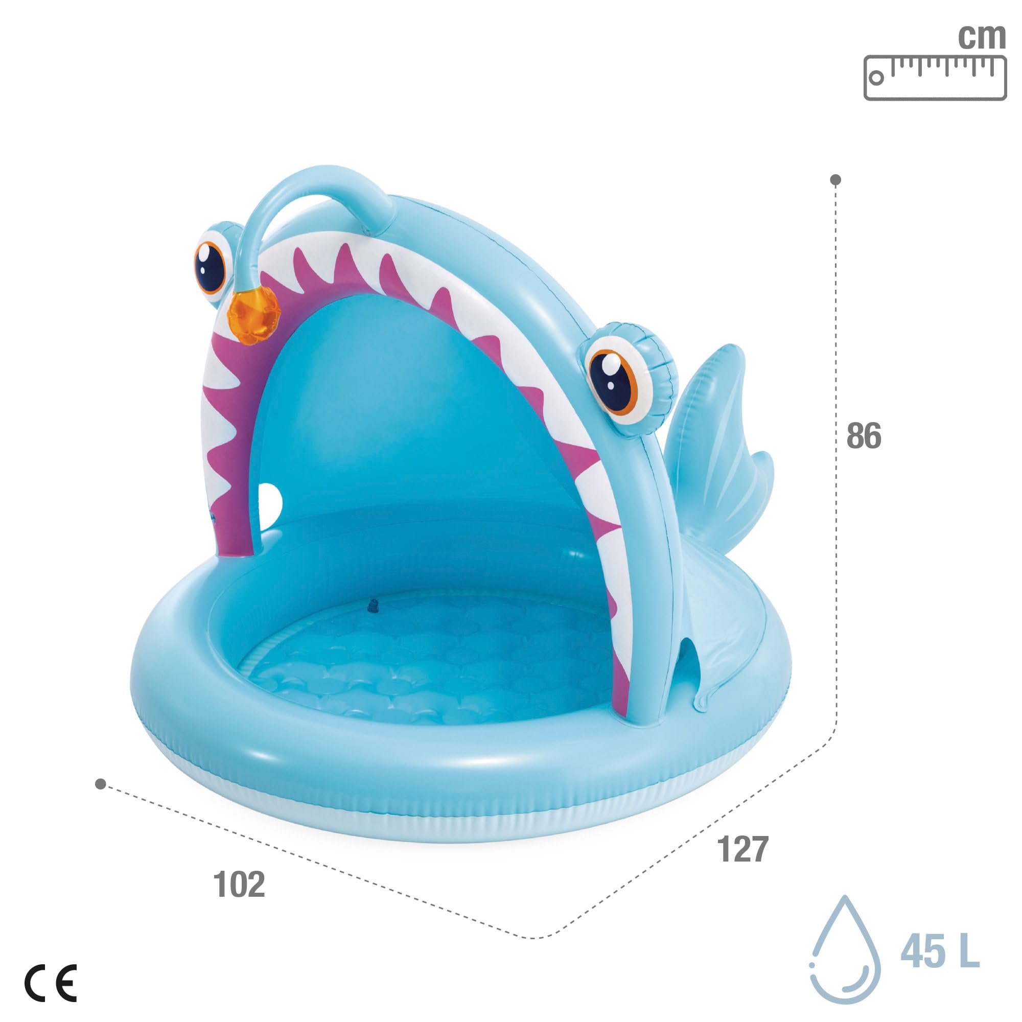 Intex Piscina Infantil Hinchable Angler Fish, 127x102x86 cm, con Parasol, Suelo Acolchado, Diseño de pez abisal en 3D, Capacidad 45 L, para niños 1-3 años, Vinilo Resistente (58400)