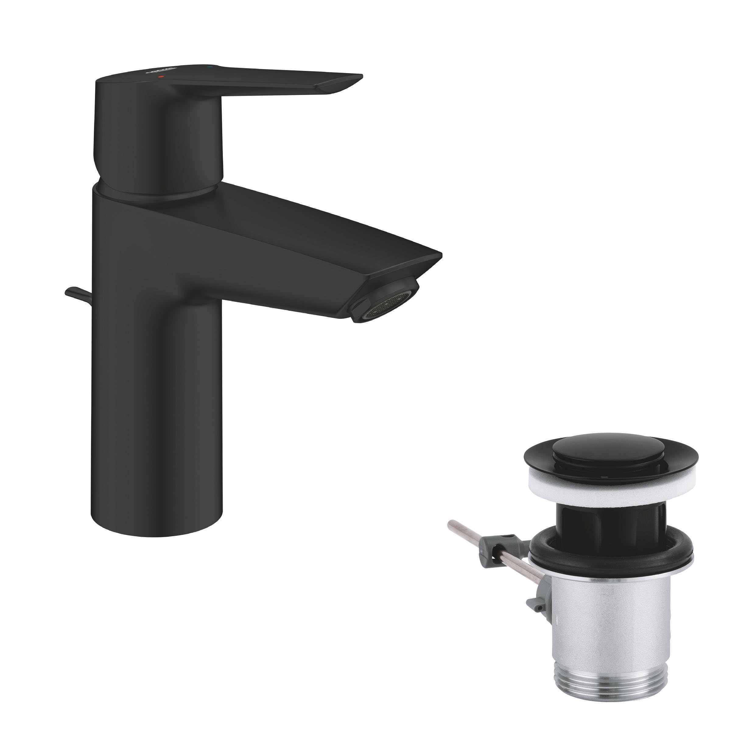 GROHE Start, Waschtischarmatur, wassersparend (Wasserhahn für das Bad, Badarmatur mit Zugstangen-Ablauf, 17cm hoch, einfache Installation am Waschbecken), schwarz, 242092432
