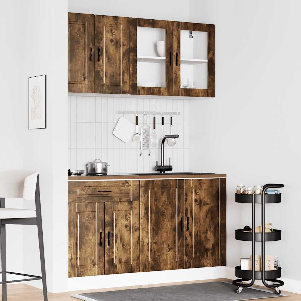 Set di 4 mobili da cucina Porto in legno di quercia affumicata, con ampio spazio di archiviazione, piedini regolabili, pensili pensili, sottopensili e superficie liscia, per cucina e sala da