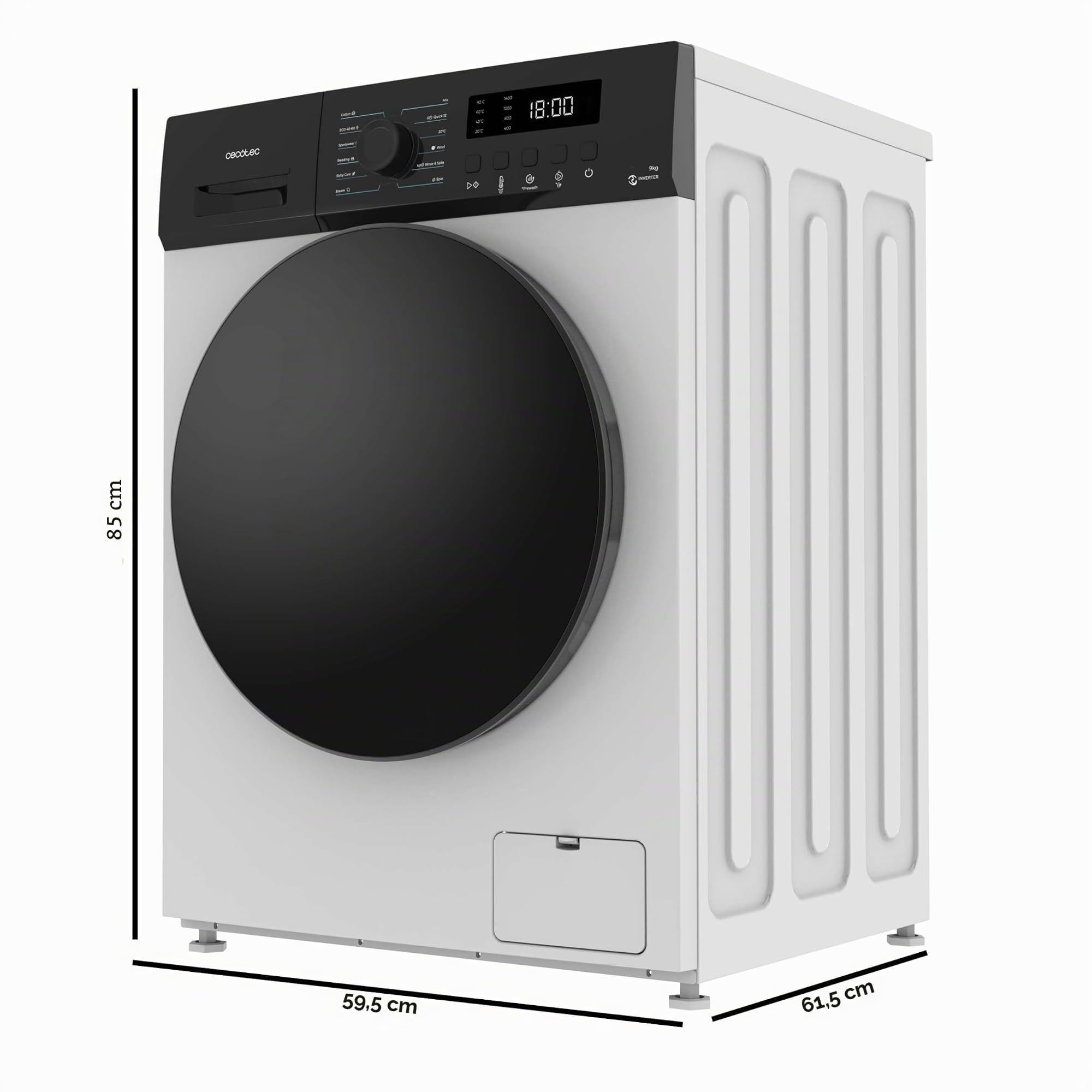 Cecotec Lavatrice 9K Carico Frontale Bolero DressCode 9155 Inverter. Classe A, 1400RPM, 12 Programmi, Inverter Plus, Basso Consumo, Steam Max, Drum Clean, Delay Start, PreWash, Pannello Controllo LED