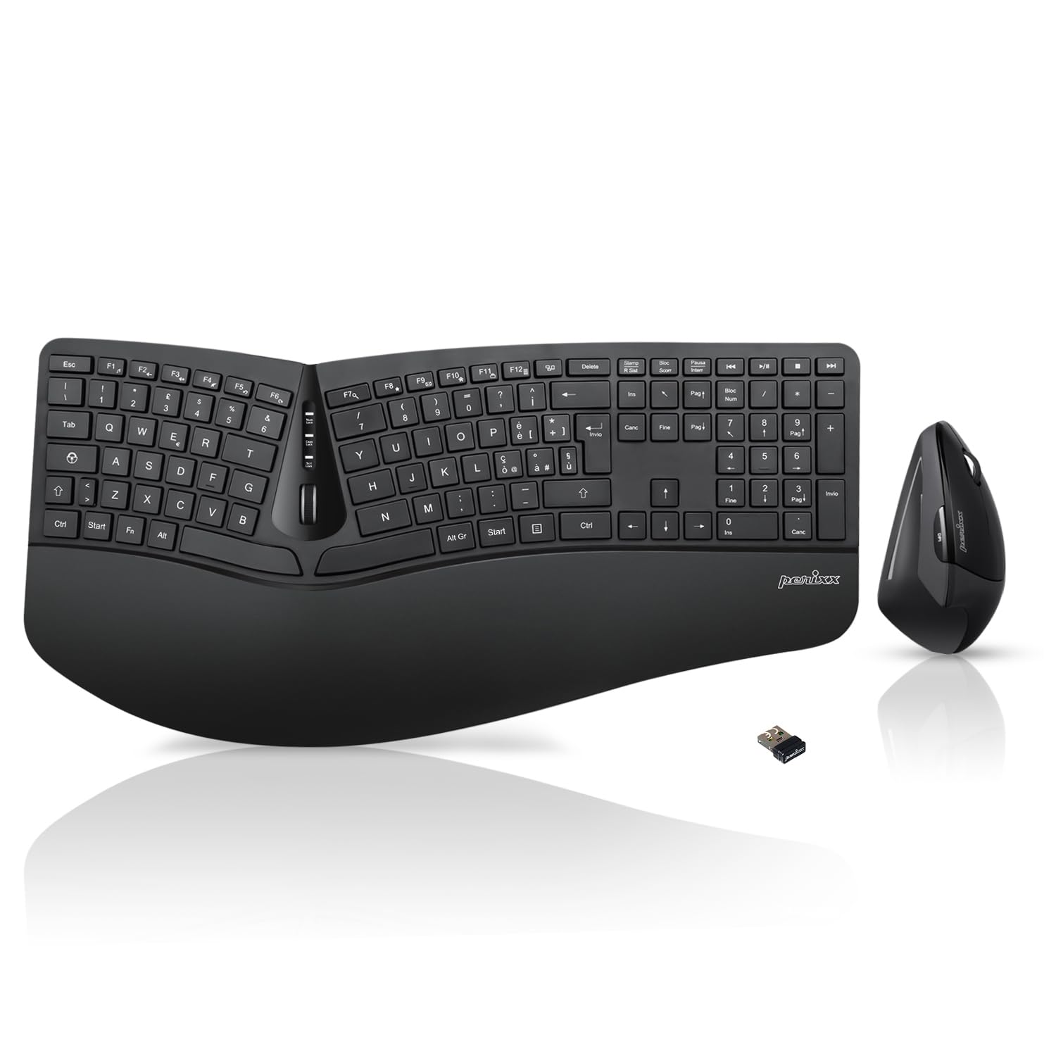 Perixx Periduo-605 Set Mouse Verticale e Tastiera Wireless Ergonomici, Tasti Silenziosi, Poggiapolsi, Rotella di Scorrimento, Layout QWERTY Italiano