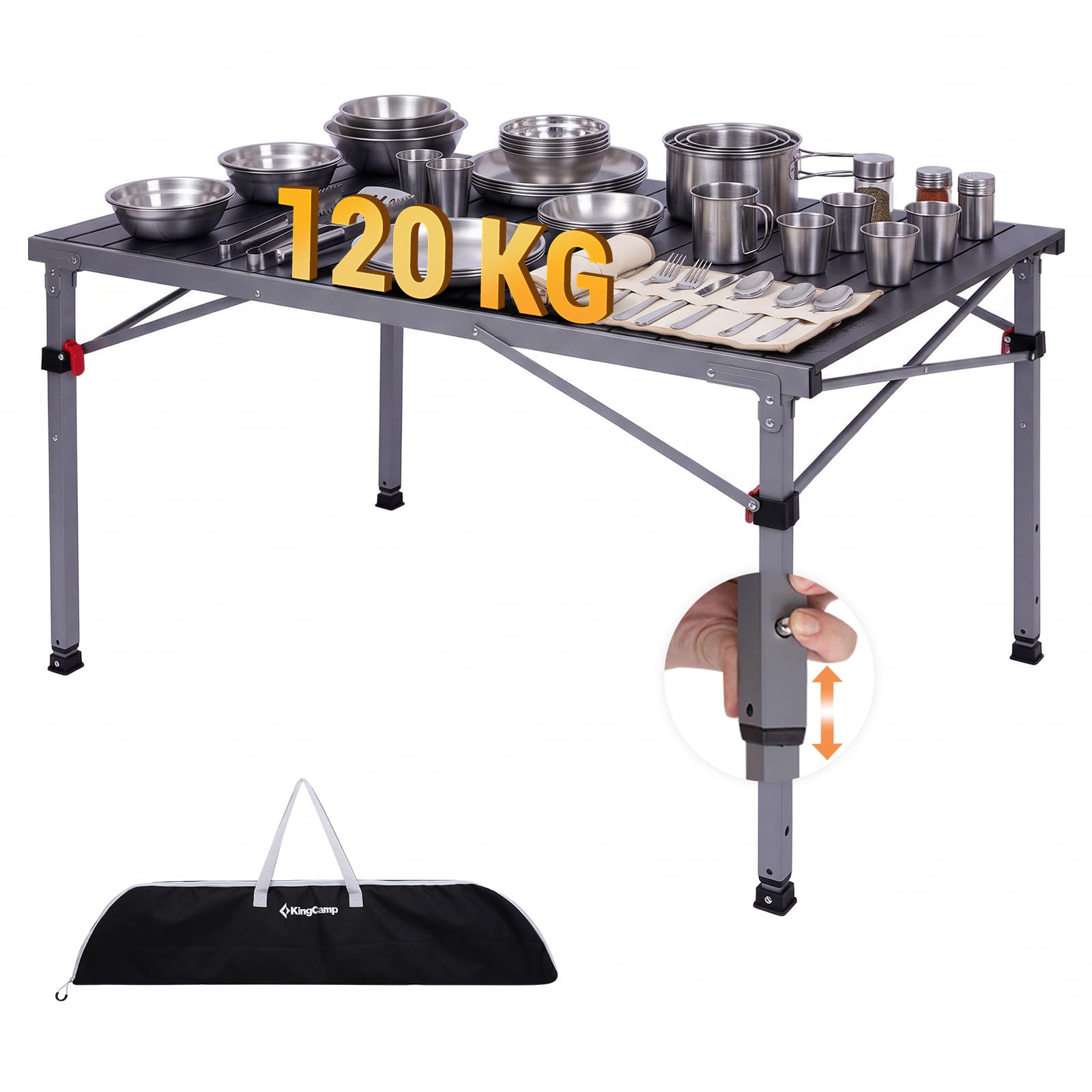 KingCamp Campingtisch Klappbar, bis 120 kg,60/70/80cm Höhenverstellbar | Aluminium Roll-Up Tischplatte,Schneller Auf- und Abbau,Kompakt, Robust,Langlebig,Leicht,für Outdoor,Picknick,107x70cm
