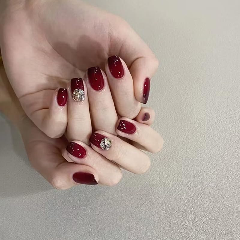 24 uñas postizas cortas a presión con diamantes de imitación 3D, color rojo vino, uñas postizas de color rojo cereza, uñas postizas brillantes, uñas