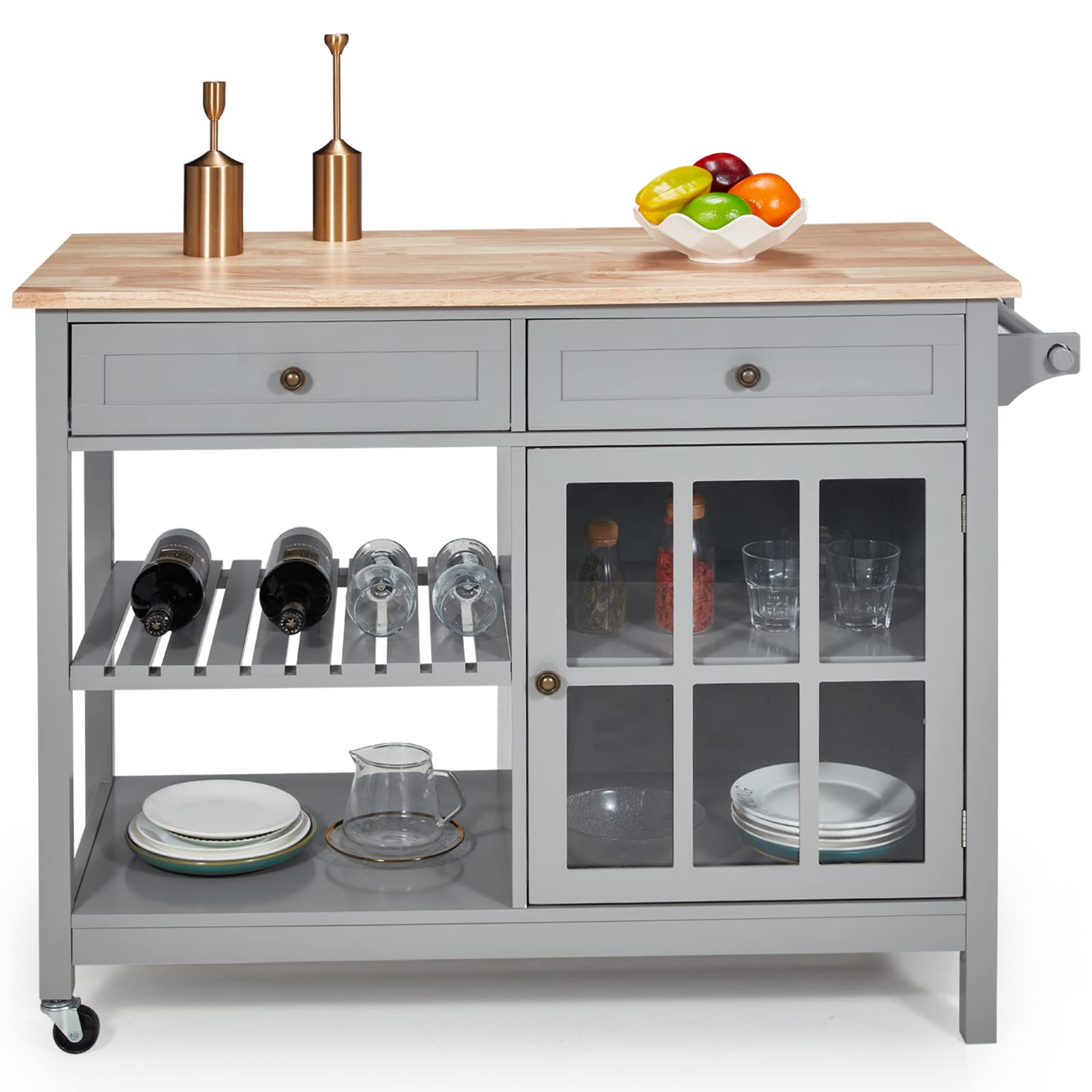 HOMHUM 42" Kitchen Island Cart on Wheels, Rolling Storage Cabinet Station with Solid Wood Top, 2 Drawers, Towel Rack, Open Display Shelf, Gray
