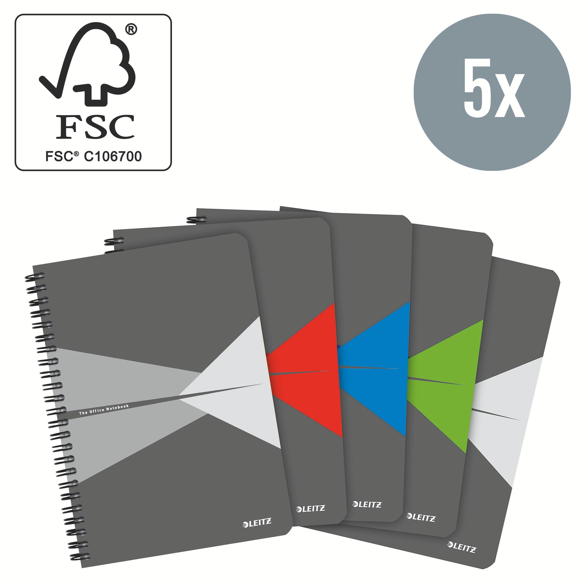 Leitz Office College pad (Pack of 5) - A5 Squared Notebook with PP Cover, Spiral Binding, 180 Pages / 90 Sheets of FSC-Certified Paper (80 g/m), For Office and School, Assorted Colours, 44981099 - Image 3