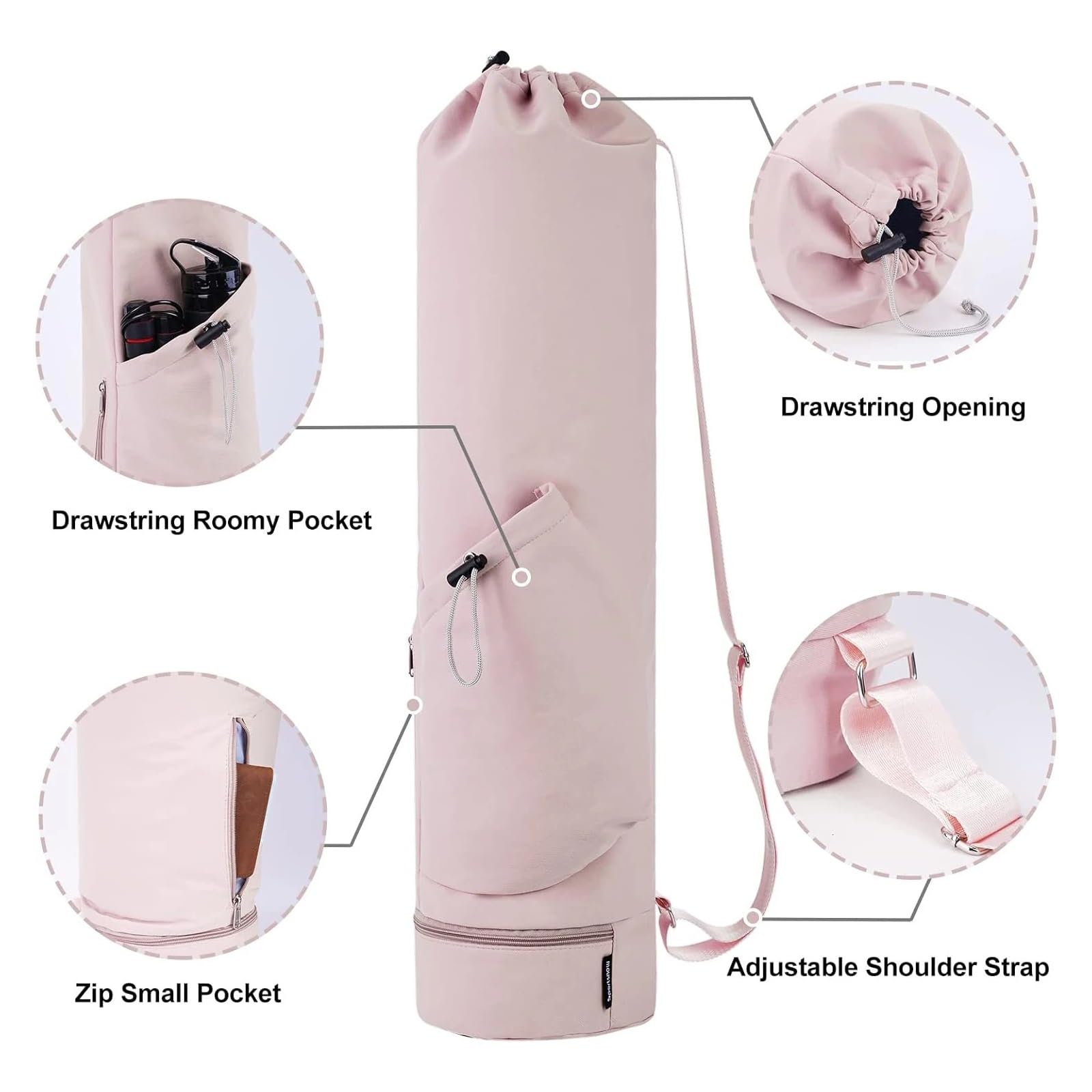 Funda Esterilla Yoga Bolsa for Esterilla de Yoga de Gran Apertura, Larga, con Bolsillo Impermeable y Bolsillo for Botella de Agua con cordón y Correa Ajustable.