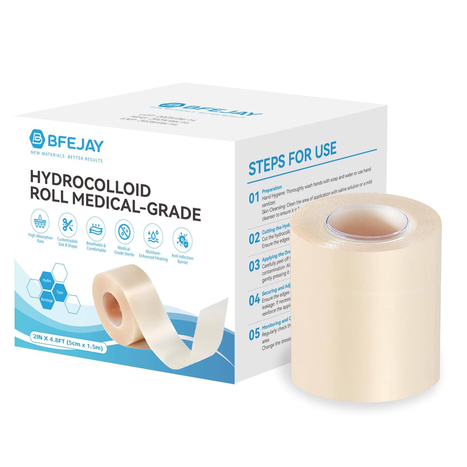 Hydrocolloid Bandages for Wound Care Medical-Grade Hydrocolloid Roll with Self-Adhesive Ultra Absorbent Flexible Waterproof Cut-to-Size First Aid Kit