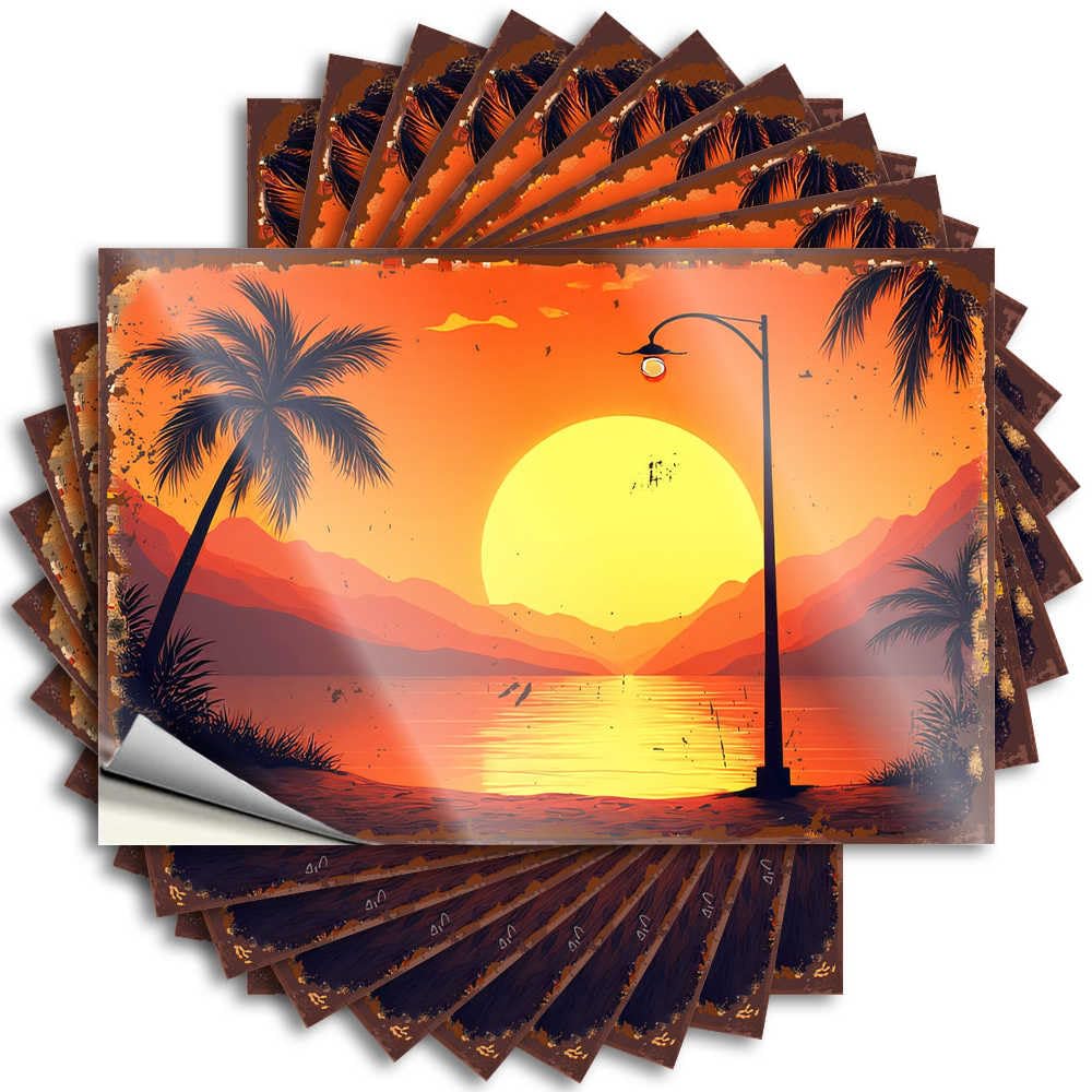 Decal Sweet, Microfiber Helmet Palm Trees Silhouetted Against A Vibrant Sunset Sky | Fall Front Porch Decor(12X18CM)