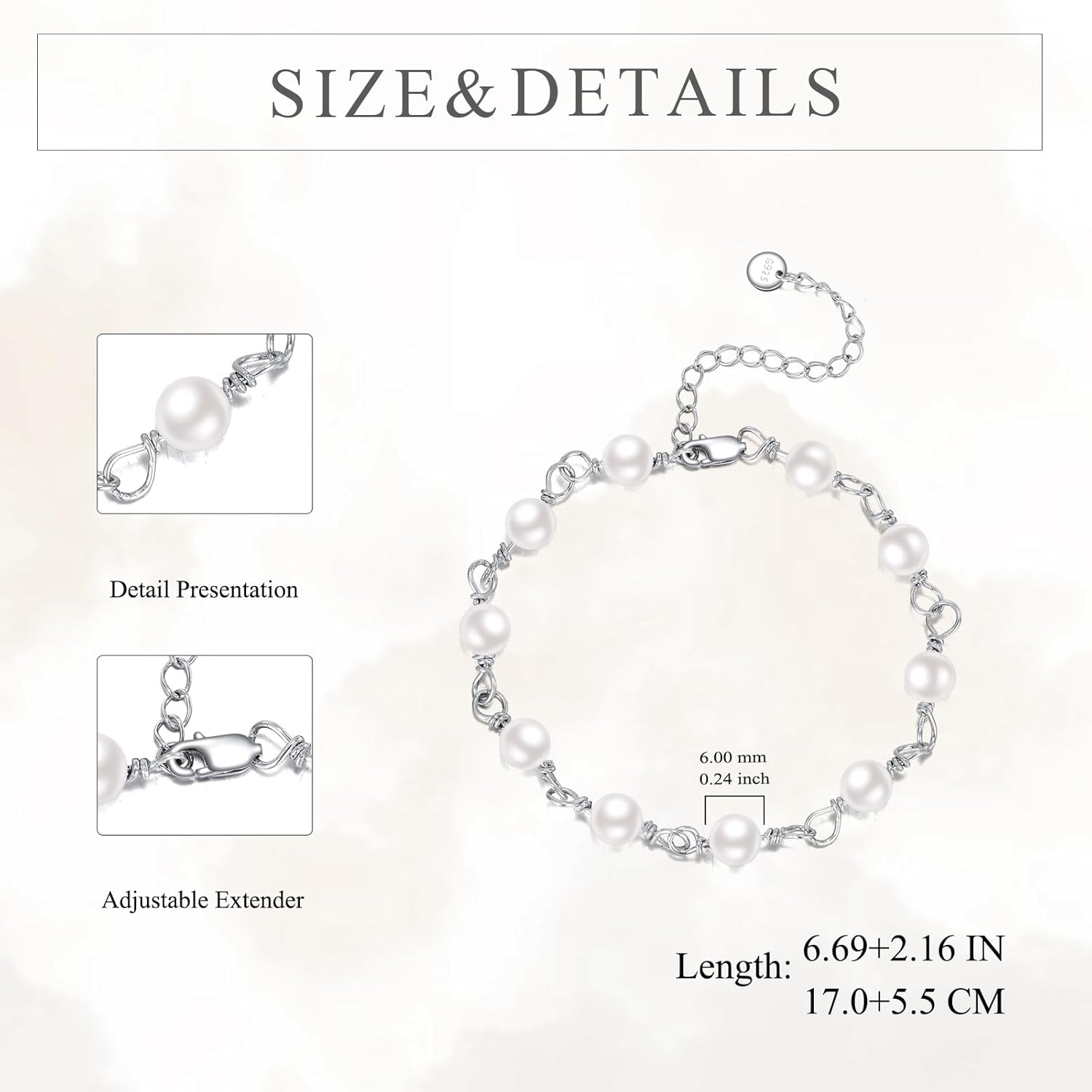 VONALA Pearl Bracelet 925 Sterling Silver Friendship Jewelry Birthday Gifts for Women Friends Daughter Sisters - Image 5