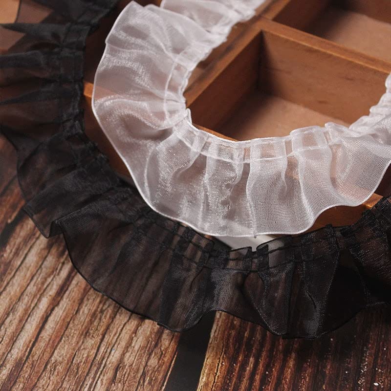 Spitzenborte Weiß und Schwarz Organza 3D Plissee Spitze Stoff Handarbeit, Rüschenborte Fransenborte Schneidermaterial (Größe:2.5 cm breit) (Schwarz) (Weiß)