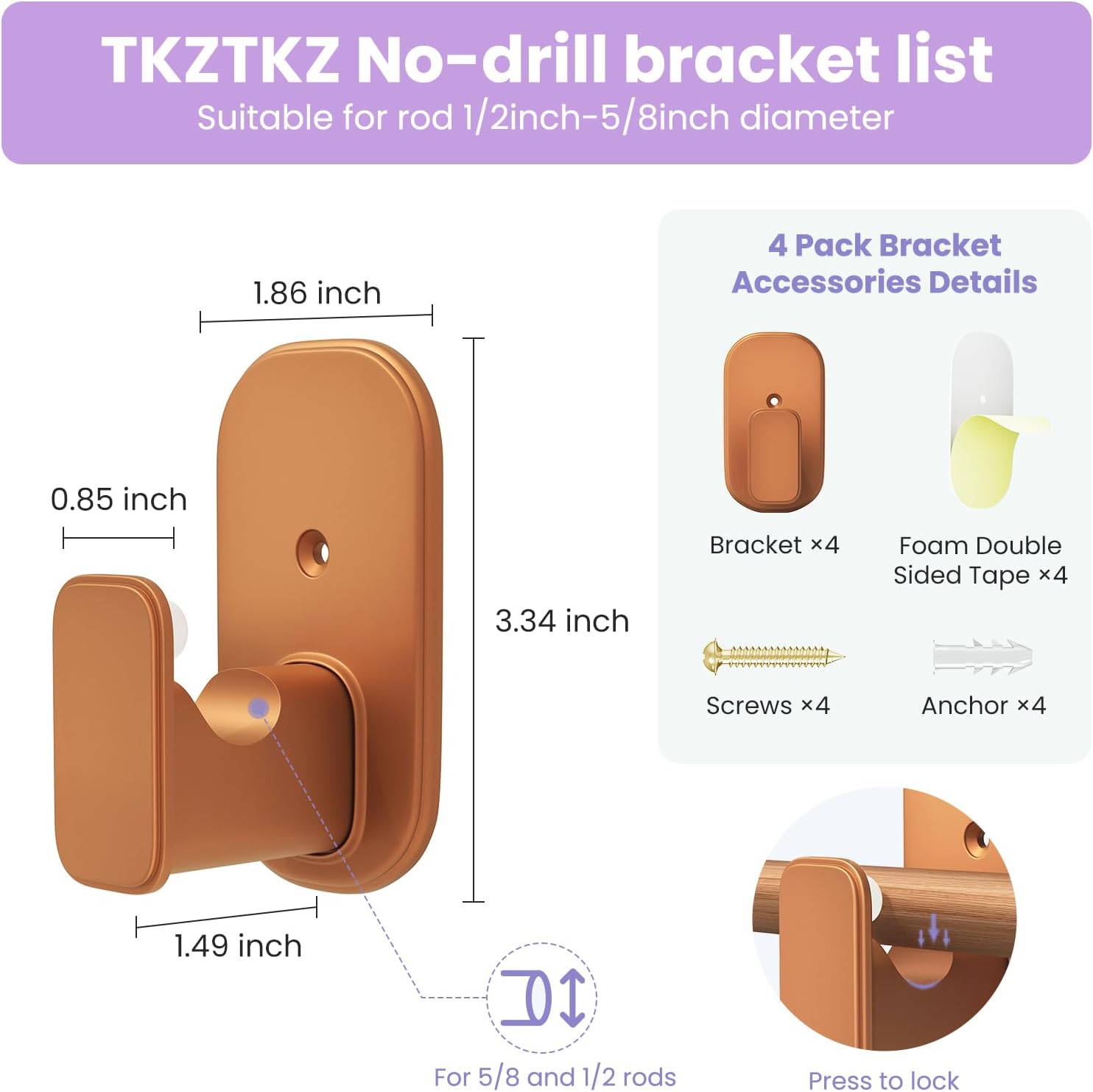 Curtain Rod and No Drill Curtain Rods Brackets Bundle: Wood Single Window Rod 18 to 60 Inch,Self Adhesive Holder & Heavy Duty Metal Hardware Combination,Renter Friendly Drapery Pole Set,Wood