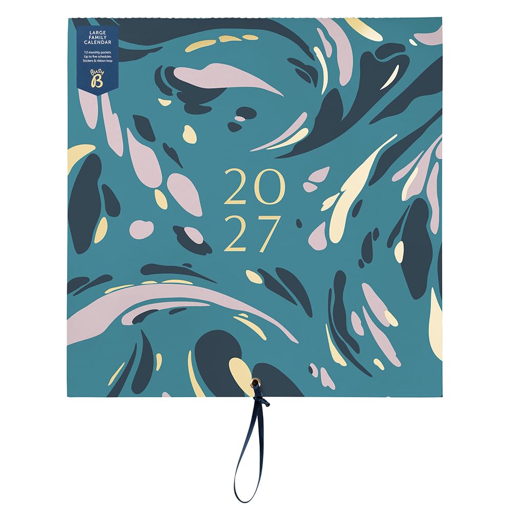 Busy B 2027 Large Family Wall Calendar - Teal Marble - 5 Columns & Pockets