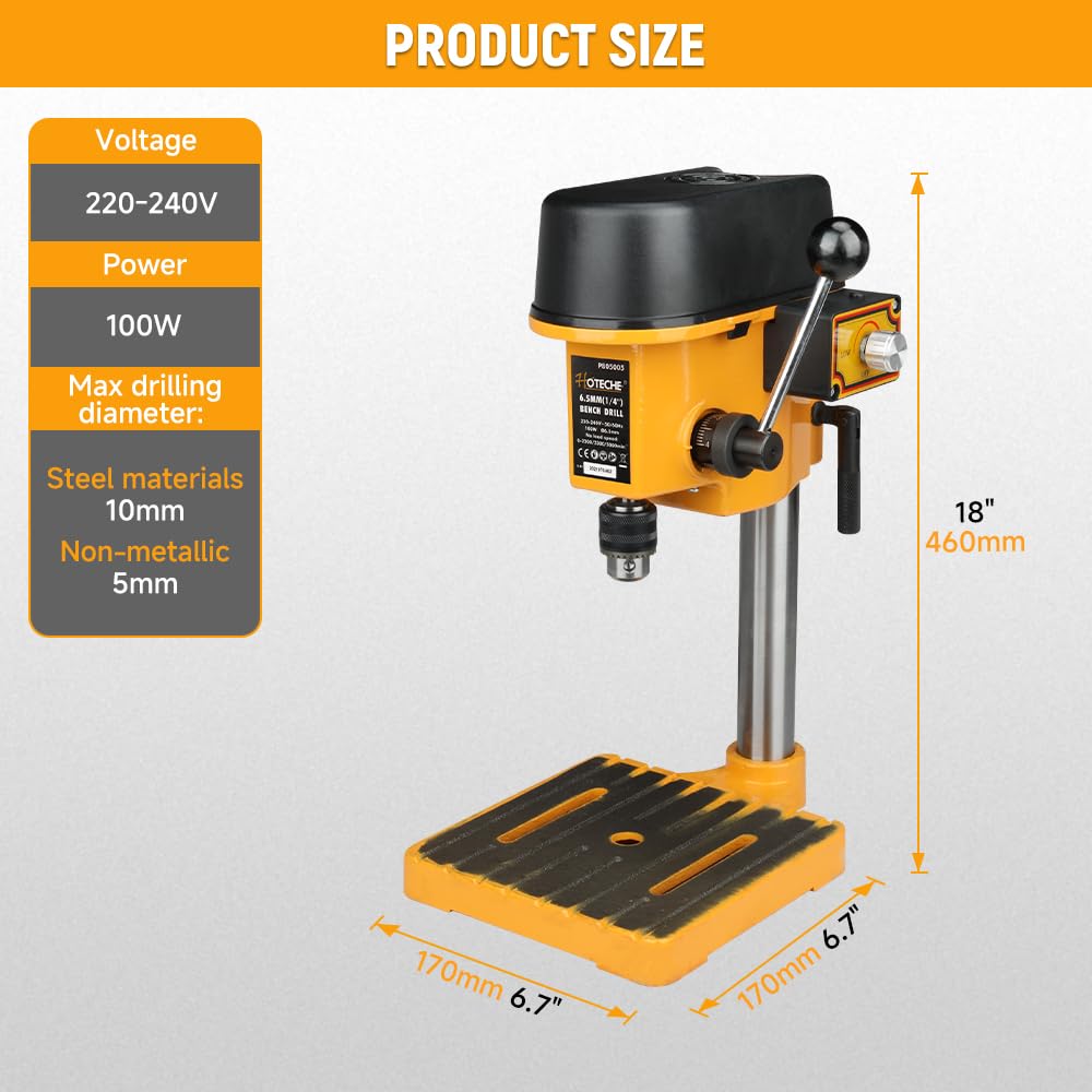 Hoteche Trapano da tavolo da 6,5 mm, 100 W, regolabile in 3 livelli (0-5000 giri/min), mandrino di precisione 0,6-6,5 mm, piano di lavoro 170 x 170 mm, per metallo/legno con accessori