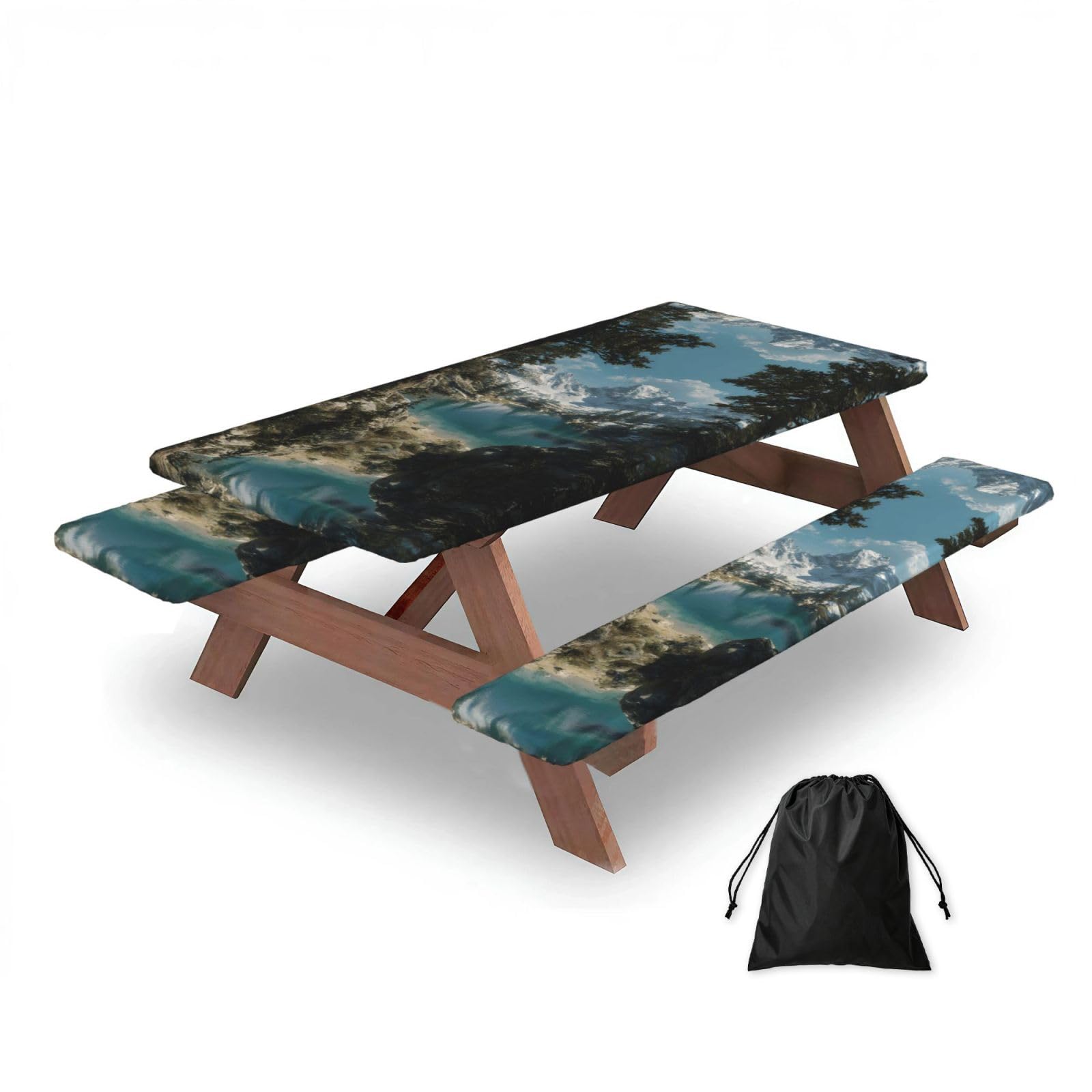 ESNAIUVCD Lake And Snow Mountain Print Picnic Table Cover With Bench Covers,Camping Essentials,Fitted Tablecloth Cover With Elastic Edge, For Indoor & Outdoor 3 Pcs