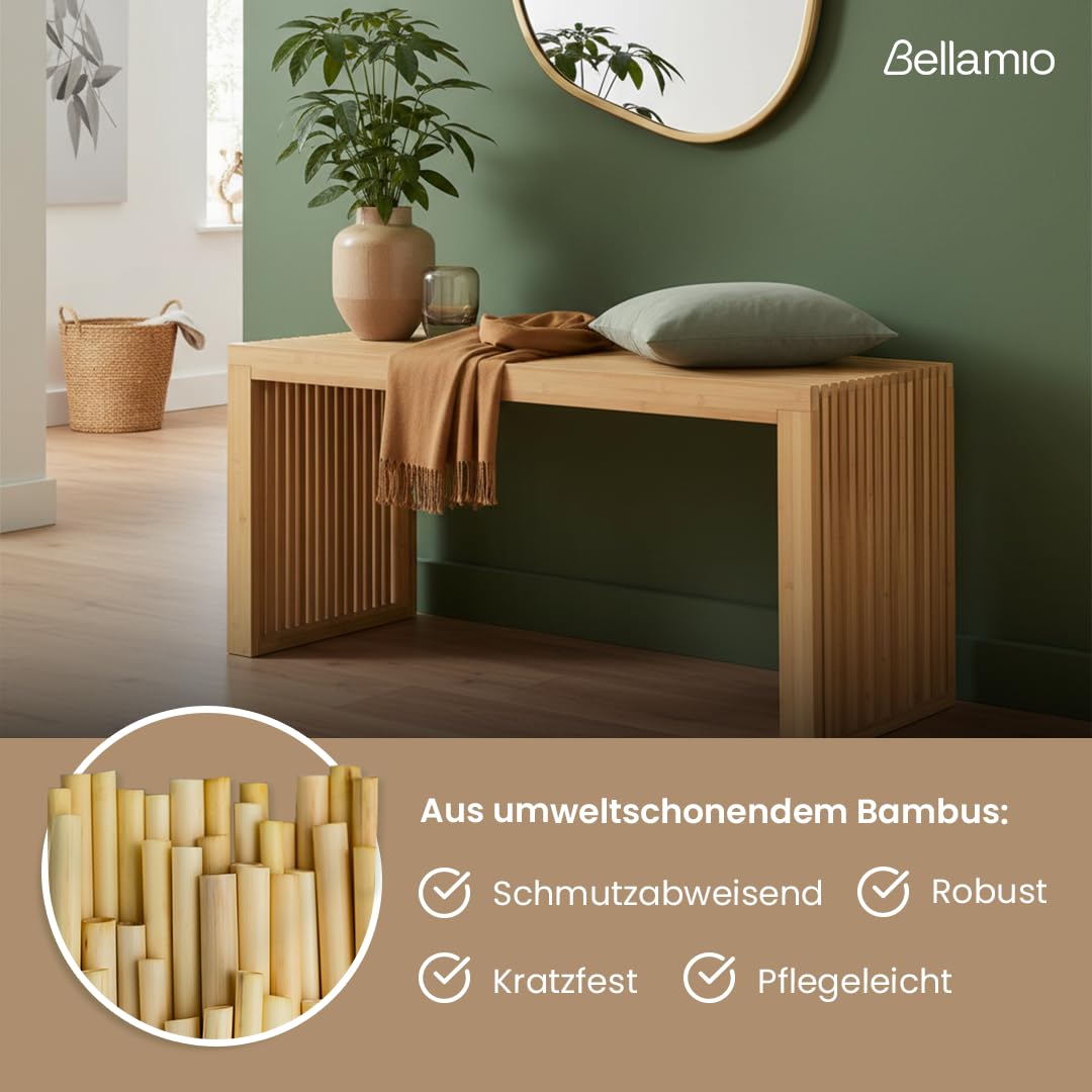 Bellamio Sava Sitzbank aus Bambus – stabile Holzbank Natur – Moderne Bank für Flur, Esszimmer, Schlafzimmer, Wohnzimmer, Badezimmer – Garderobenbank bis zu 250 kg belastbar – Bettbank 45x33x100 cm