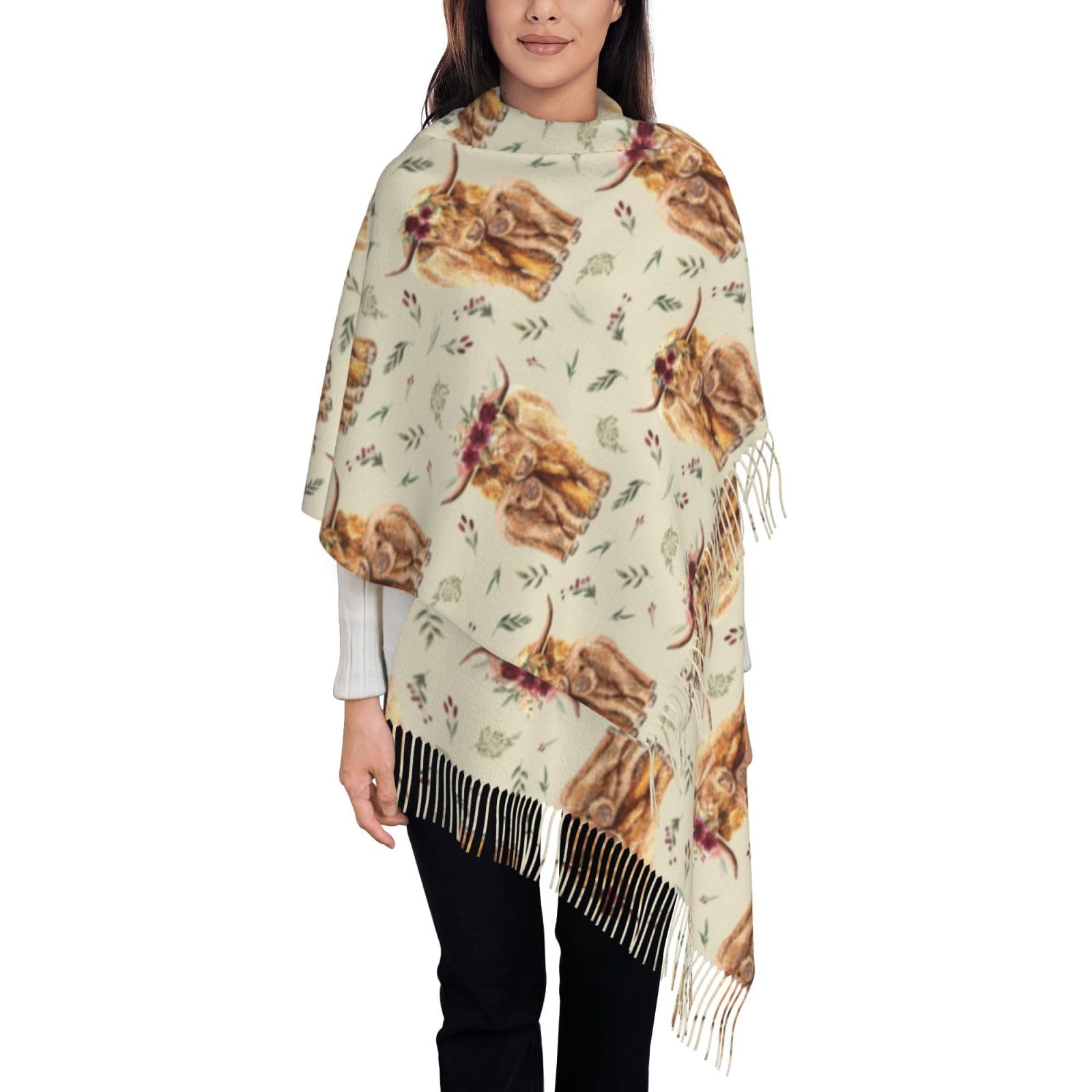 Vhomes Unisex As Picture Scarf Highland Floral Cow On Tan Tassel Shawl,Warm Fringe Scarf Luxurious Ladies' Wrap,For All Seasons 72 X197 Cm