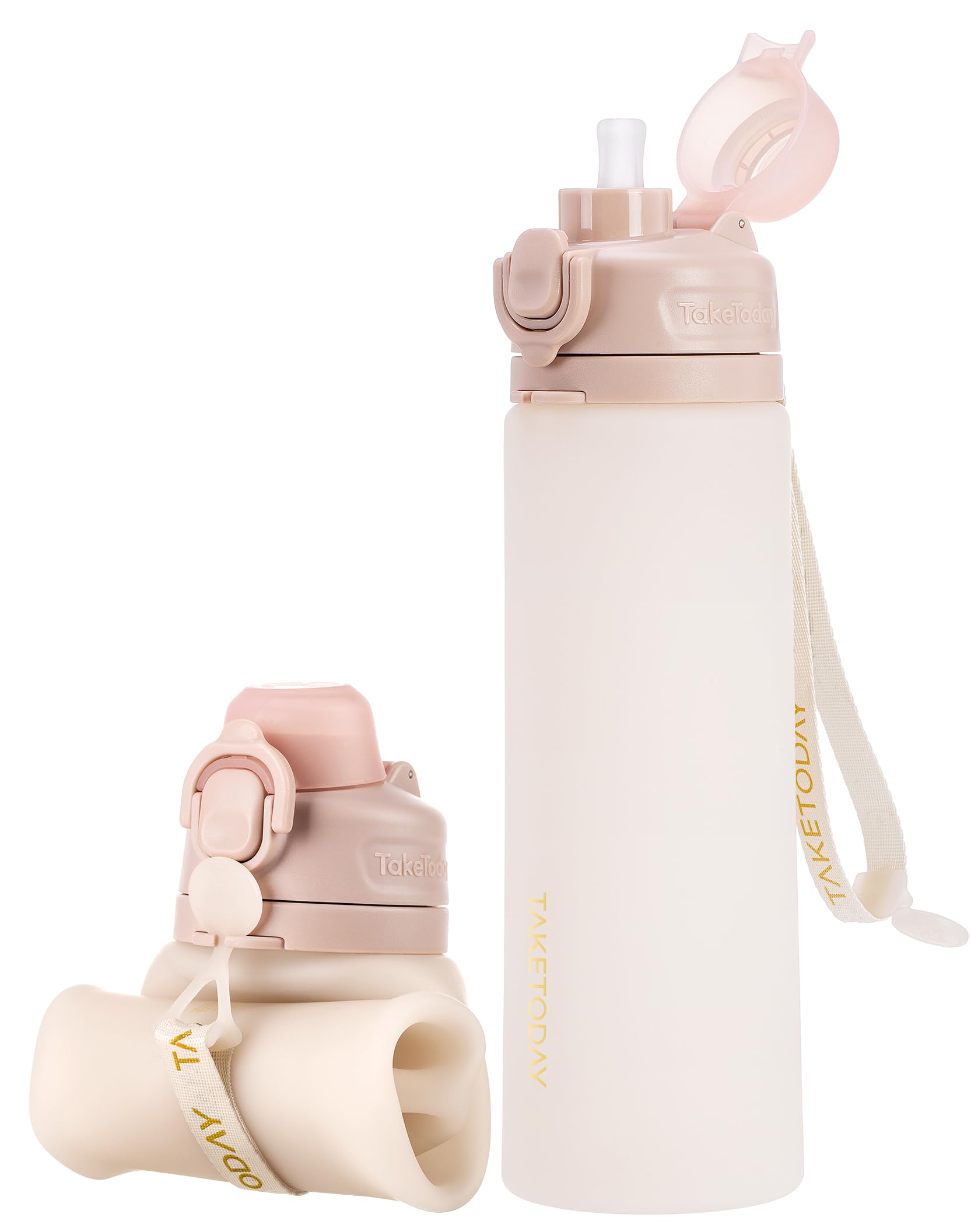 Photo 1 of TakeToday Collapsible Water Bottles 21oz (600mL), Foldable Platinum Silicone Travel Water Bottle with Straw & Carry Strap, Leak-Resistant Screw Lid, Wide Mouth, BPA-Free for Hiking, Camping, Travel