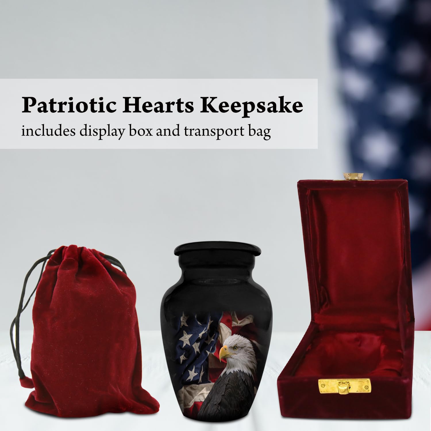 Honorary Memorials Patriotic Hearts Eagle Keepsake Urn for Human Ashes | American Flag Cremation Urn for Adults, Veteran, Medium Size, Handmade Funeral Urns with Velvet Bag