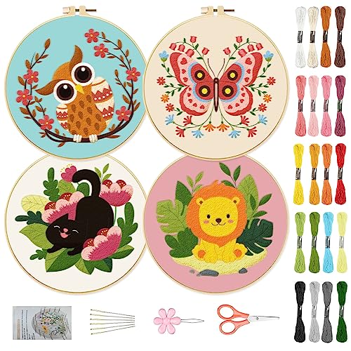 Image of ORIGACH 4 Pack Animals Embroidery Kits for Beginners, DIY Starter Hand Embroidery Kit with Cartoon Owl Butterfly Cat Lion Patterns and Instructions for Adults Women Crafting
