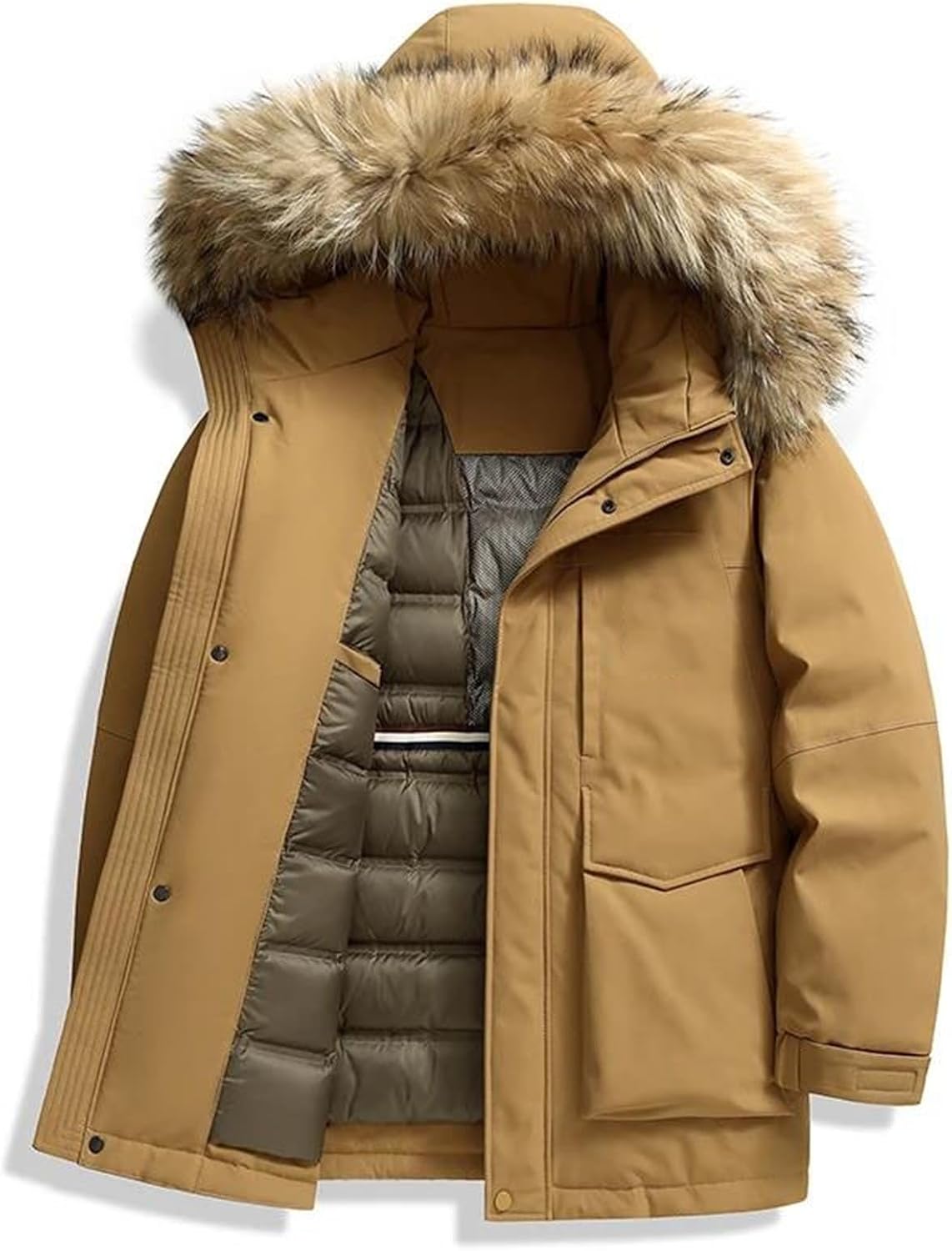 Men's Parka Jacket Detachable Fur Hood Down Coat Heavy Thick Warm Winter Cold Weather Hooded Outerwear