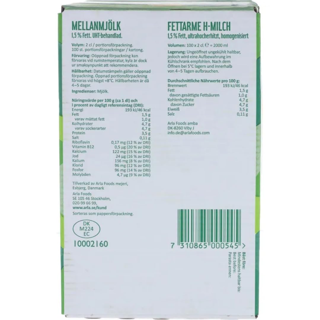 Arla Milch fettarme H-Milch-Portion 1,5% Fett, in Tassenportionen, je 20ml, 200 Stück