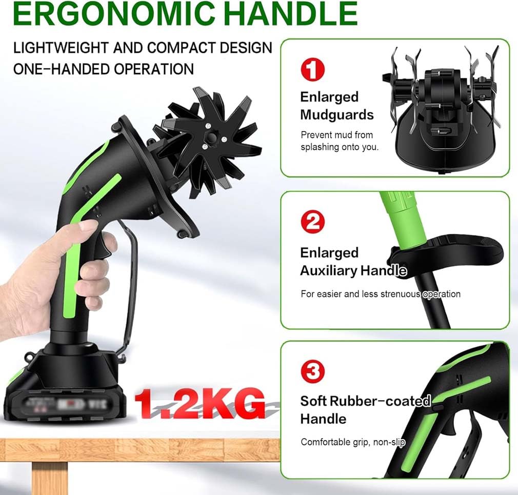 2-in-1 Cordless Tiller & Cultivator with Extension Pol, Gartenfräse, 24V Bodenhacke Elektrisch, Sternfräse Gartenfräse Akku Garten Geräte mit 4 Metallmesser 10cm Arbeitsbreite 10cm for Lawns (B)