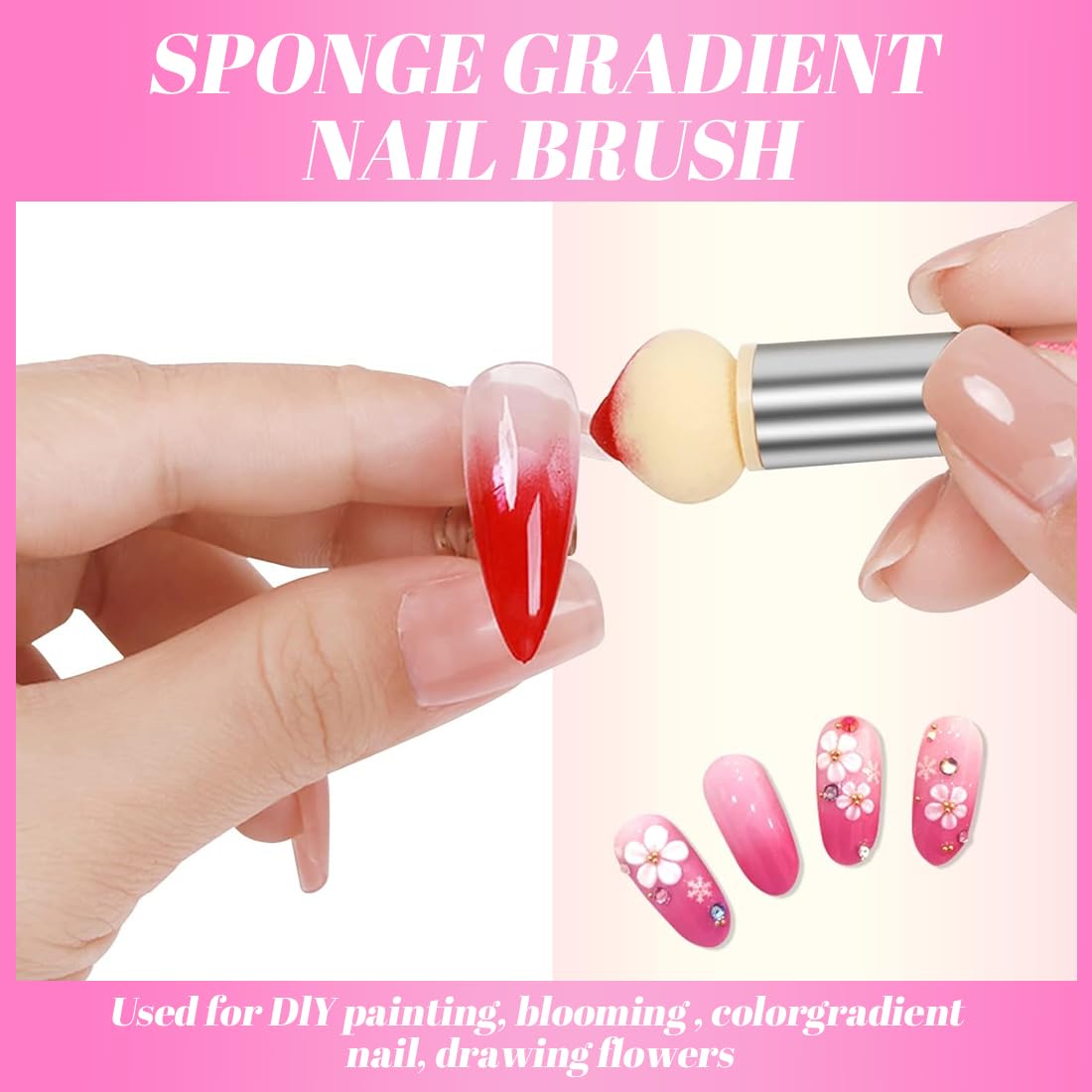 1 Set Spugna per Nail Art, Doppia testa Spugna di pennellino incluso 4 Testine di ricambio, Strumenti per il Rendering Delle Unghie con Pinza Metallica, Pennello per Baby Boomer