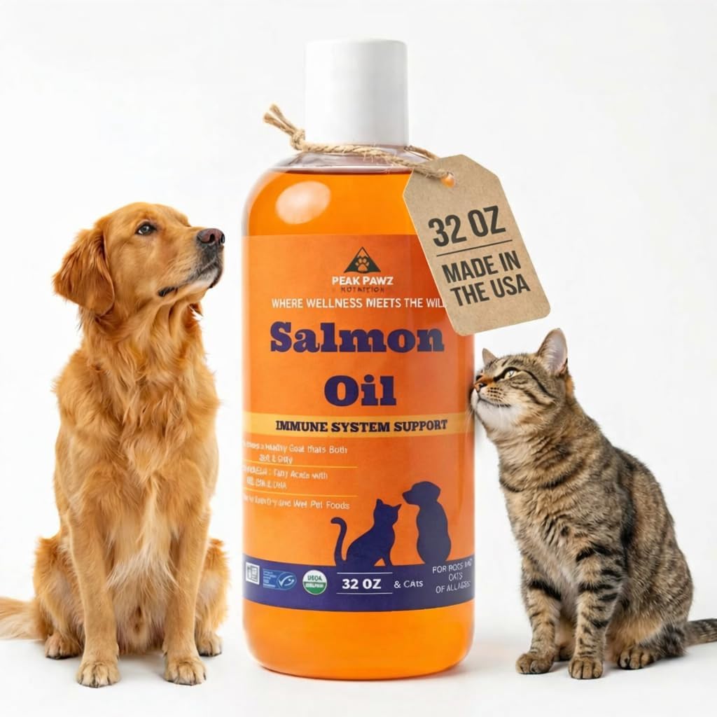 32 oz Premium Wild Alaskan Salmon Oil Formula with Omega 3 for Cats and Dogs Skin and Coat Support. Made in the USA, All Natural Liquid Fish Supplment Helps Allergy and Inflammation
