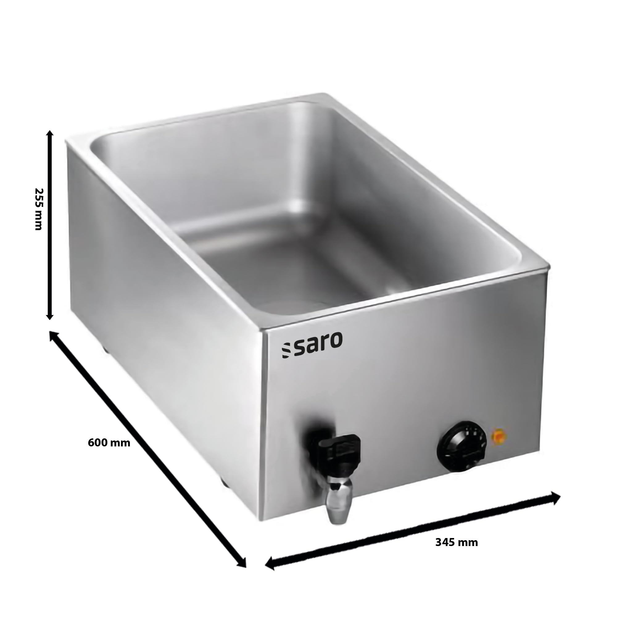 SARO BMH 160 Baño maría para recipiente GN, con grifo de drenaje , para 1/1, 2 de 1/2 o 3 de 1/3, acero inoxidable, para GN hasta 150 mm de profundidad, ajuste de temperatura hasta 100 °C