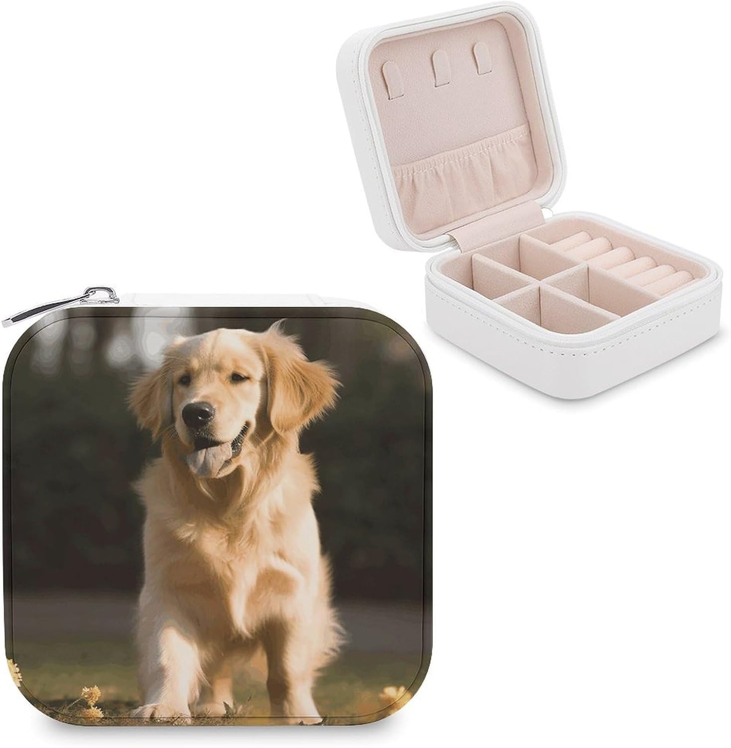 Golden Retriever Dog Jewelry Box Exquisite Leather Jewelry Organizer Portable Trinket Organizer Fashion Travel Jewelry Case for Rings Earrings Necklaces Unique Gifts for Women