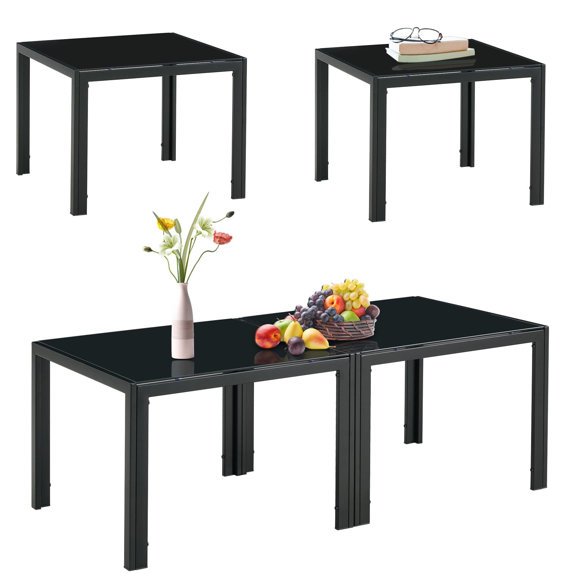 Black Glass Coffee Table Set of 4 Piece Modern End Table for Living Room Side with Square Tempered Glass Top Metal Leg for Small Home Center Furniture
