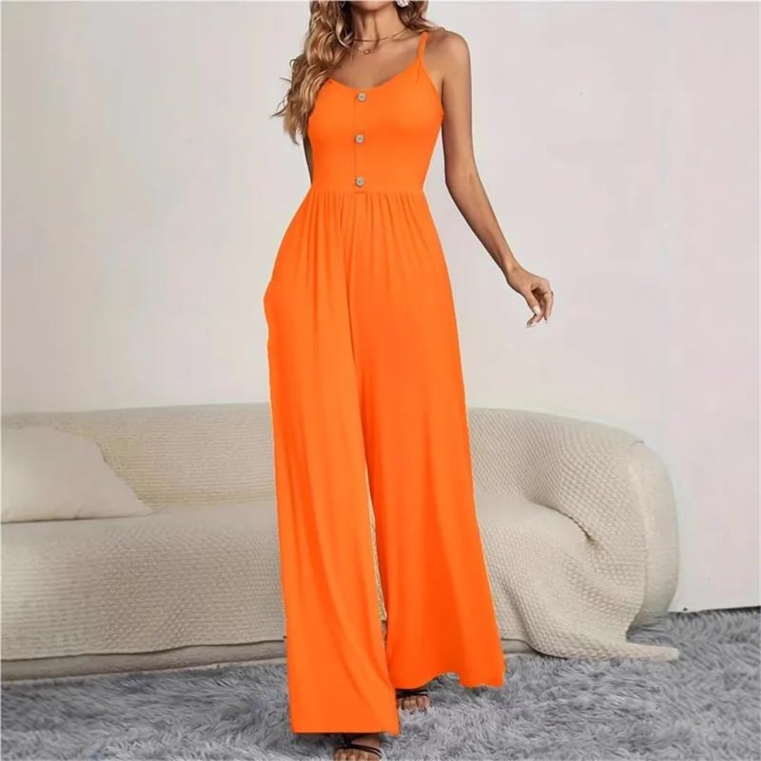 Yeuyyben Enterizo sin mangas con tirantes y pierna ancha para mujer, con botones, casual, cintura alta, ajuste holgado
