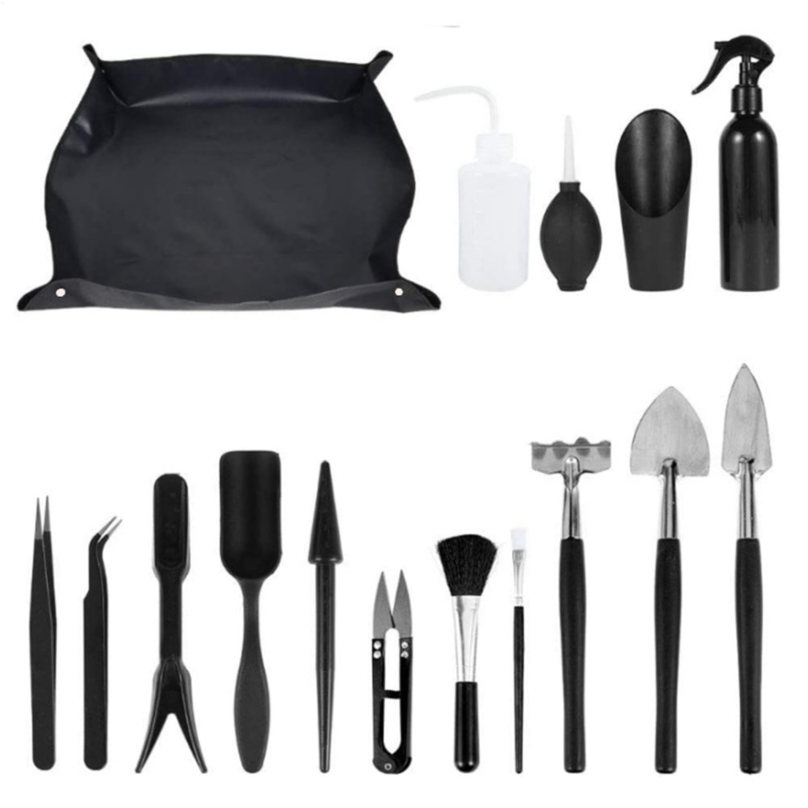 Kit di Utensili per Terrari, Strumenti per Piante Grasse | Manuale di 16 Pezzi Set da giardinaggio - min Strumenti per Piante Interne, Vasi di Vaso, Bonsai, Cactus, t