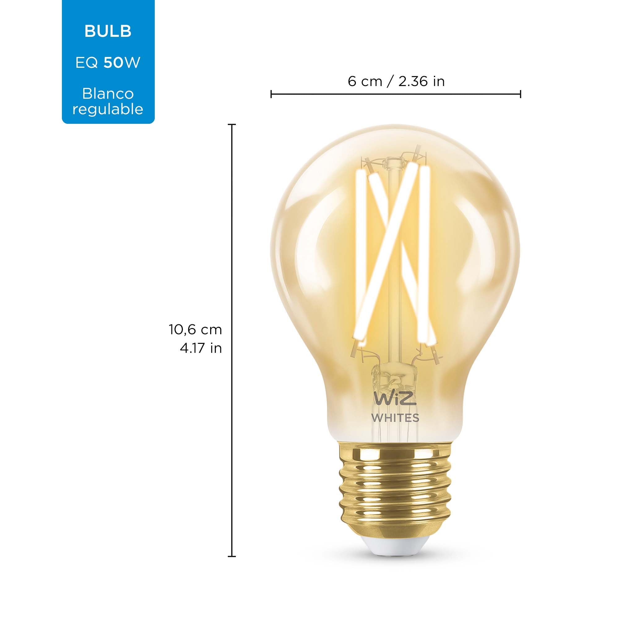 WiZ - Bombilla inteligente Filamento LED Wi-Fi, 6,7w (Eq. 50w) E27 A60, Luz Blanca Cálida a Fría Regulable, con tecnología SpaceSense y compatible con Alexa y Google Home