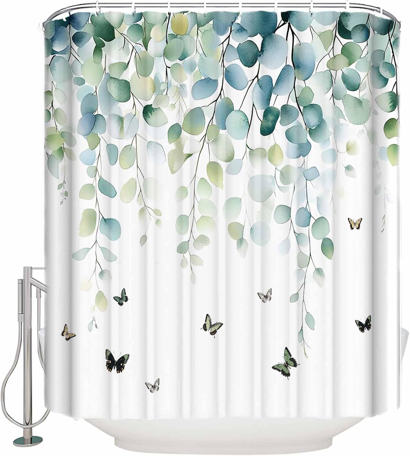 72x78 Inch Shower Curtain Blue Green Eucalyptus Bathroom Decor, Waterproof Fabric Bathtub Bath Curtains Decorative Sage Gradient Leaves Butterfly Extra Long Shower Curtain Set with Hooks