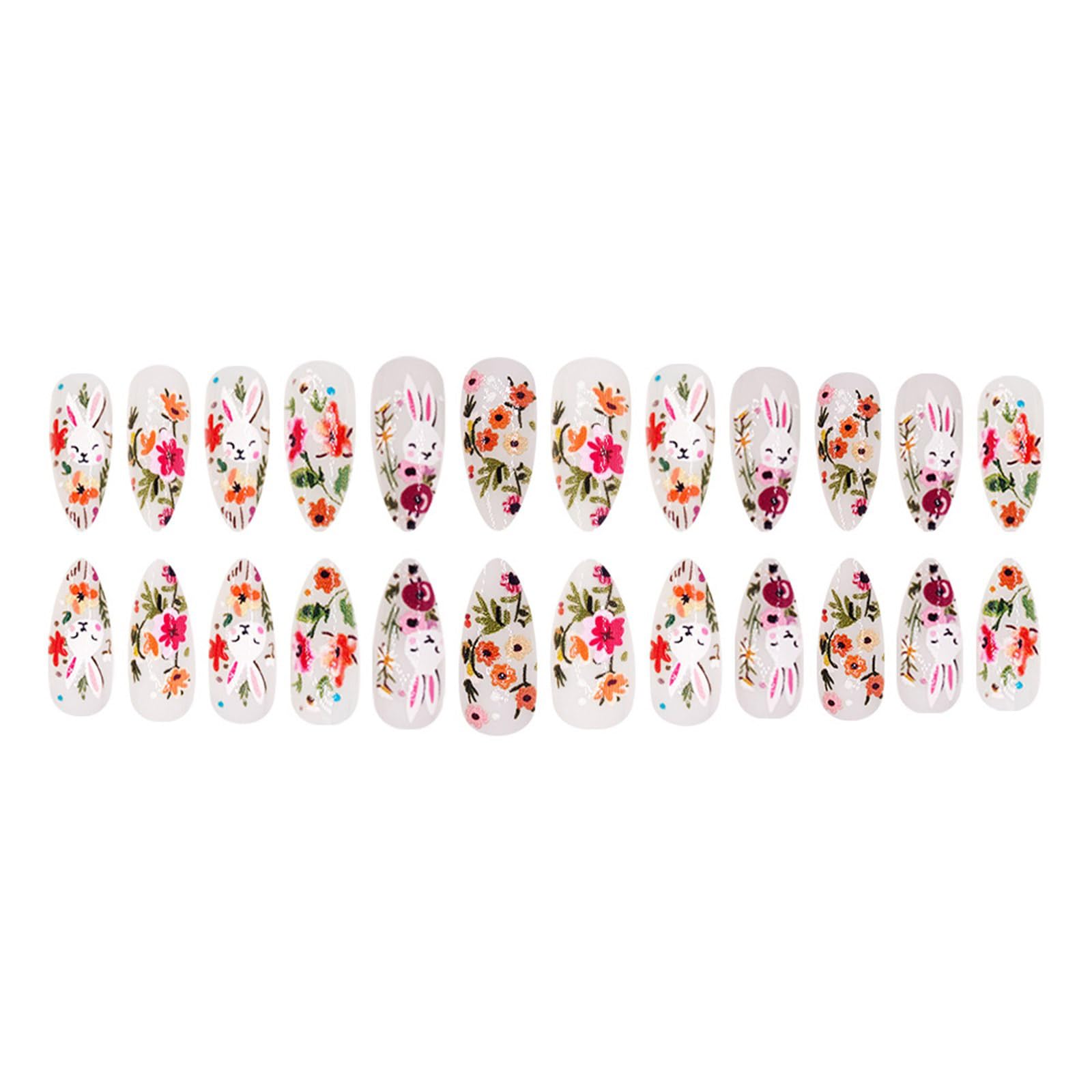 24pcs Pasqua Press On Nails Acrilico Lucido Unghie Finte Con Fiori Disegni Stick On Unghie Per Donne E Ragazze Manicure