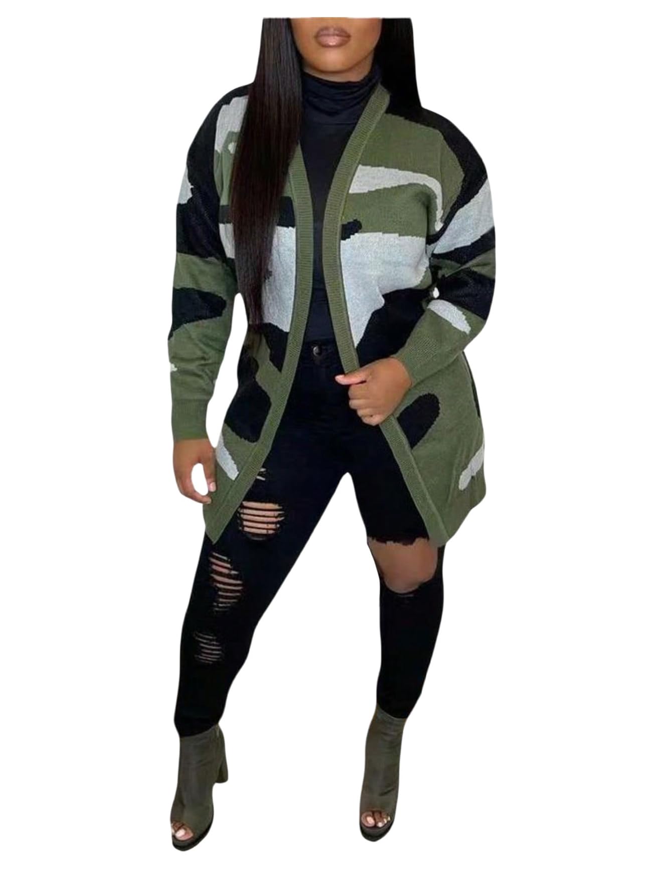 GORGLITTER Womens Open Front Fall Cardigan Casual Long Sleeve Colorblock Trendy Sweater Coat Outwear