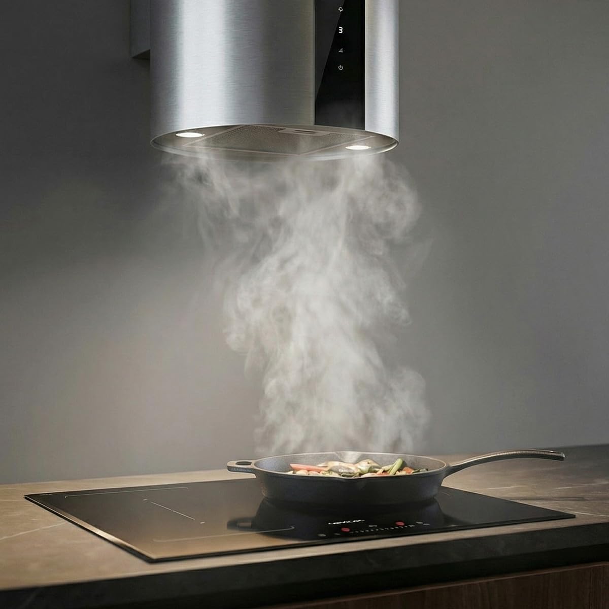 Cecotec Cappa Aspirante Rotonda a Parete 35 cm Bolero Flux DRT 358000 Inox A++. Aspirazione 715 m³/h, 2 Velocità + Funzione Booster, Filtri a Carbone, Classe A++, Controllo Touch