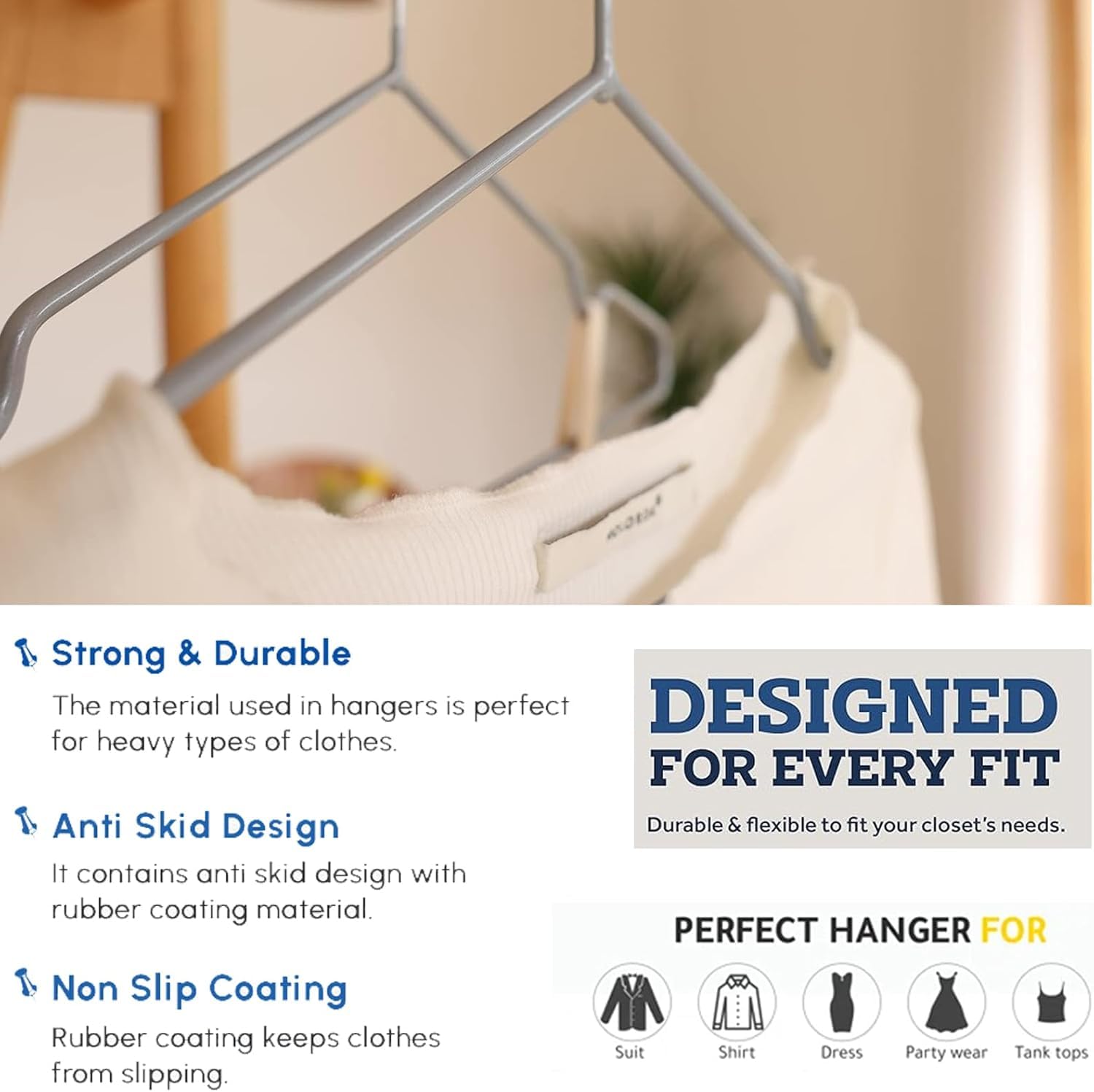 60 Pack Premium Rubber-Coated Metal Clothes Hangers Non-Slip Space-Saving, Grey, 42.5 x 20.5 x 0.4 cm - Image 7