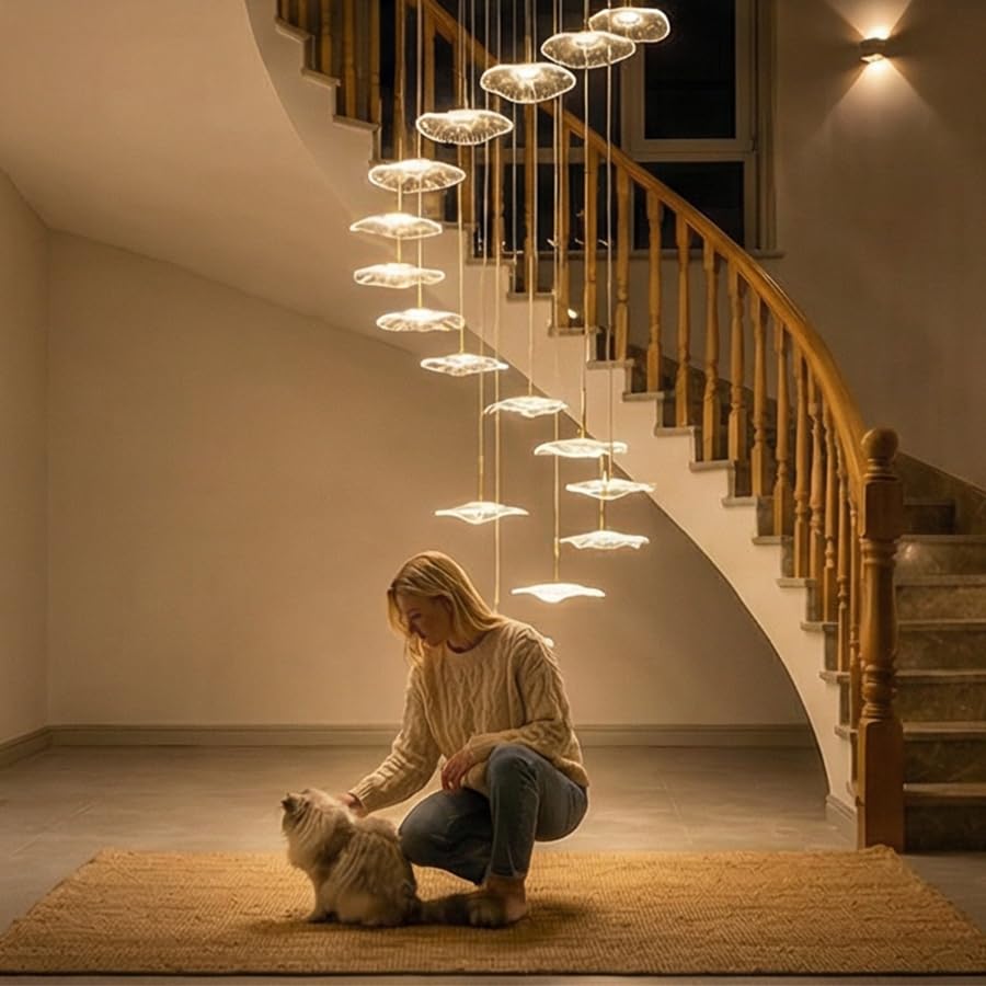 Image of ziidoo High Ceiling Chandelier - 12-Light Dimmable Modern Gold Long Spiral Luxury Linear Lotus Leaf Led Lamp Hanging Pendant Lights for Foyer Enterway Staircase Villas