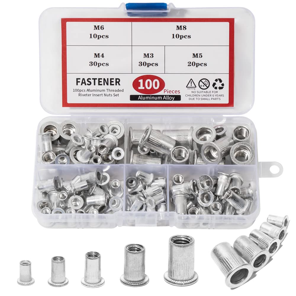 100 Pieces Aluminum Rivet Nuts kit, M3 M4 M5 M6 M8 Rivnuts, Threaded Insert Nutserts Nuts