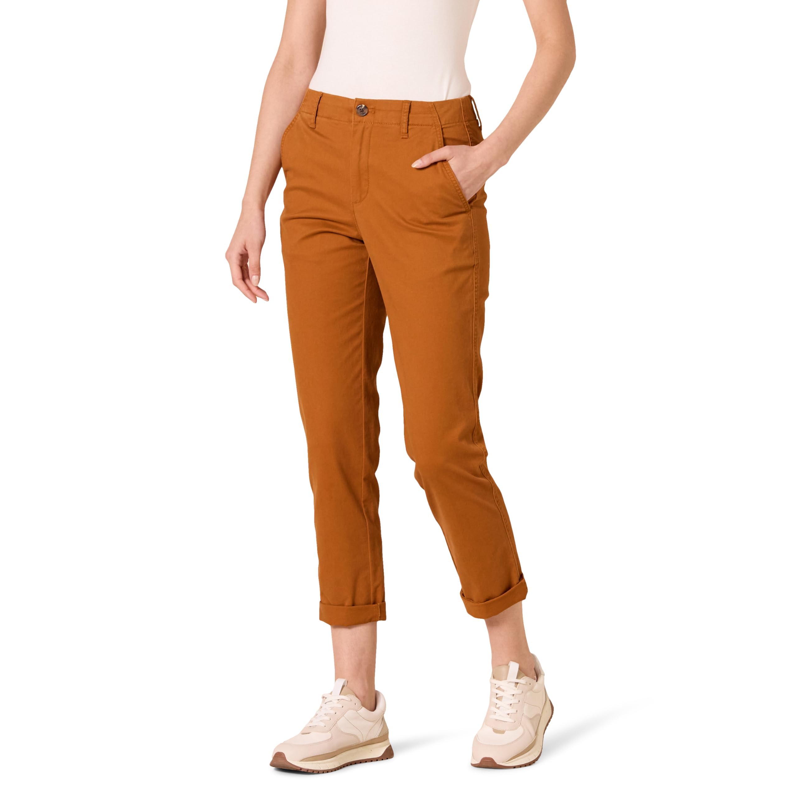 Amazon Essentials Women's High-Rise Regular-Fit Ankle-Length Tapered-Leg Khaki Pant, Caramel, 0