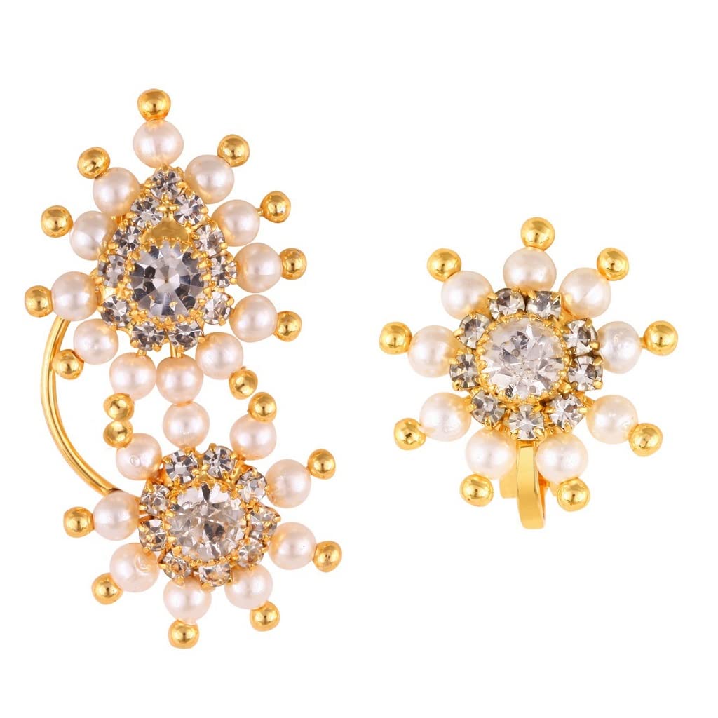 Vighnaharta Gold Plated with Pearl CZ and Artificial stone Clip-on and Press Maharashtrian Nath Nathiya./ Nose Pin valentine day gift valentineday gift for her gift for him gift for women gift for women [VFJ1190NTH-White-1192NTH-White]-image-31