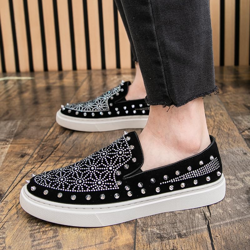 Luxury Men Tide Leather Casual Shoes Embroidery Twinkling Rhinestone Rivet Flat Shoes Leisure Sneakers Loafers2
