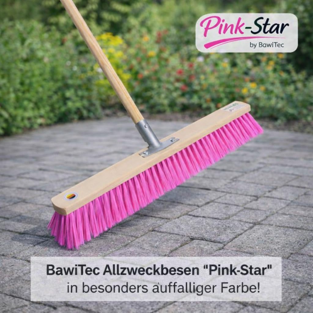 Pink-Star Besen Handfeger Set Straßenbesen mit Pinken Borsten Komplett-Set mit Stiel Besenstiel Hochwertig Langlebig für Draußen Garten Werkstatt Haus und Hof 60cm mit Holzstiel