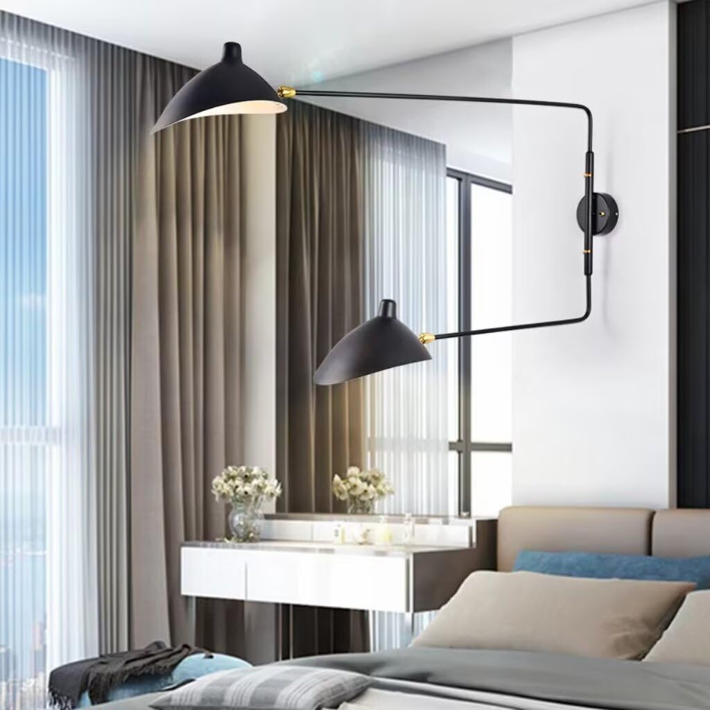 Industrie Schwenkarm Wandleuchten mit Schalter, Vintage Einstellbar Lange Arm Wandlampe Schwarz 3000K Indoor Wand Leselampen Metall für Schlafzimmer, Wohnzimmer, Arbeit BüRo E27 2 Flammig