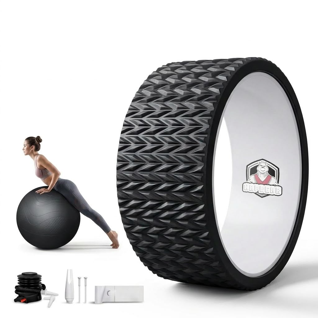 HAPBEAR Ruota da yoga Yoga Wheel 30cm PP Core – per Allineamento Colonna, Alleviamento Mal di Schiena, Rafforzamento Core, inclusa Palla Ginnica Anti-Scoppio da 66 cm + Pompa