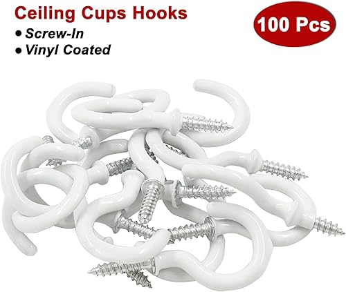 Miniatura 2 de 100 ganchos de techo recubiertos de vinilo de 1 pulgada, ganchos blancos atornillados para taza de techo, gancho de rosca autorroscante para colgar