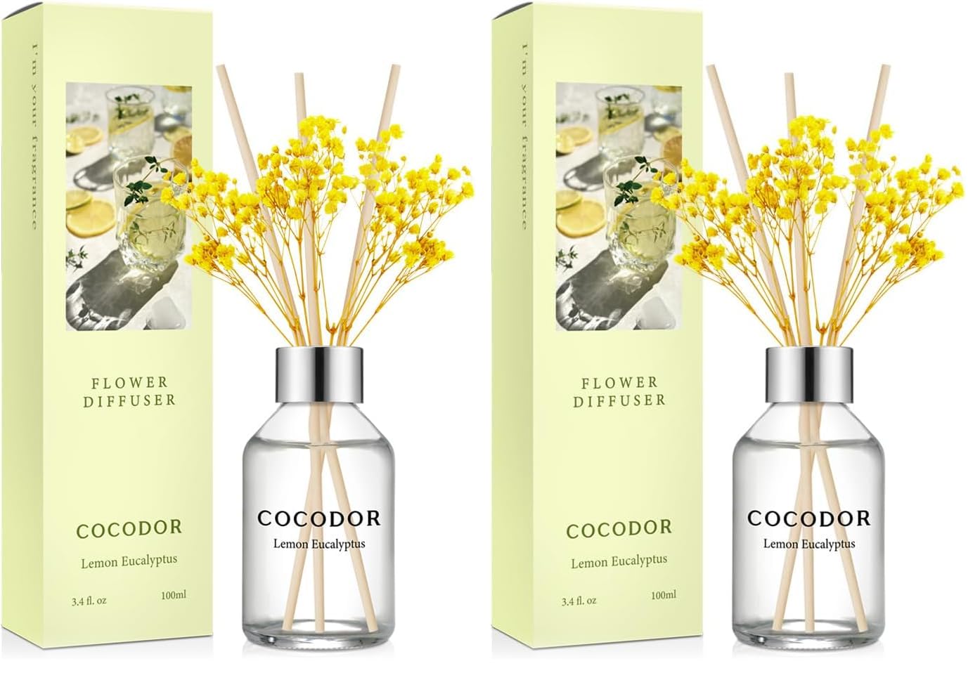 COCODOR Flower Reed Diffuser Set / 3.4oz / Lemon Eucalyptus/Scent Diffuser with Sticks Home Fragrance Reed Diffuser for Bathroom Shelf Decor (Pack of 2)