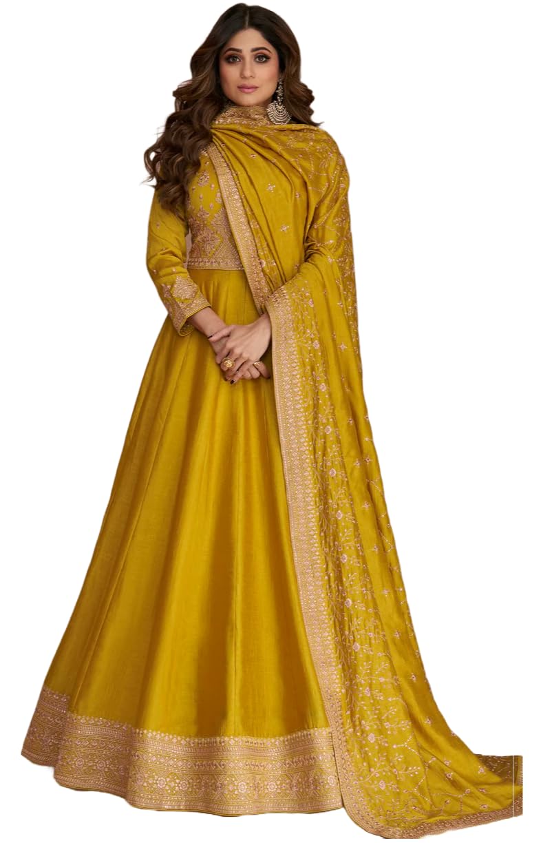 Omkar Textile's Anarkali Gown for Women, Yellow, Chinnon Fabric, with Dupatta, Ethnic Wear-image-14